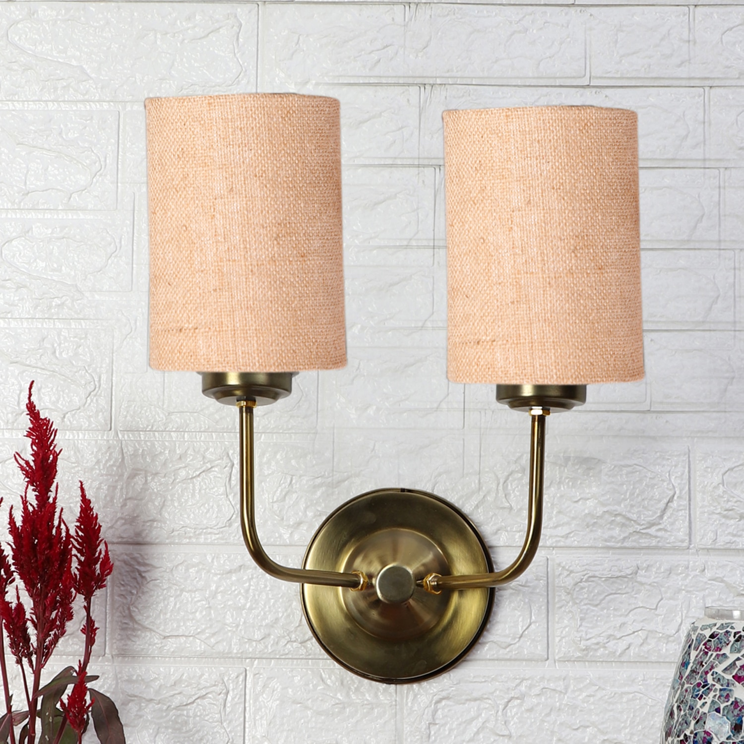 Devansh Metal Electric Wall Light in Gold Colour with Beige Shade Count of 2 Lights - Devansh
