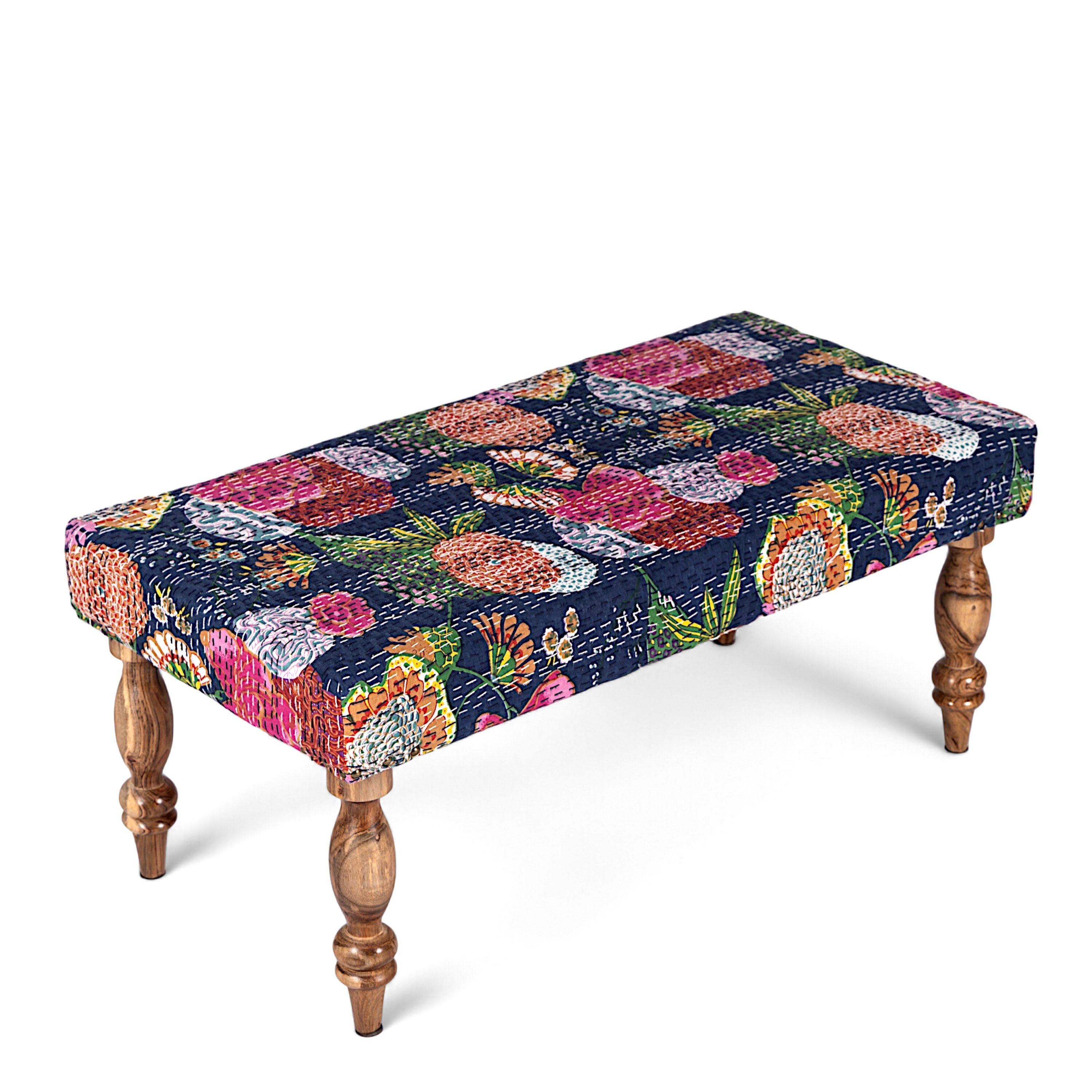 Bestone Sheesham Wood Mid Century 2 Seater Bench In Fruit Print Blue Kantha