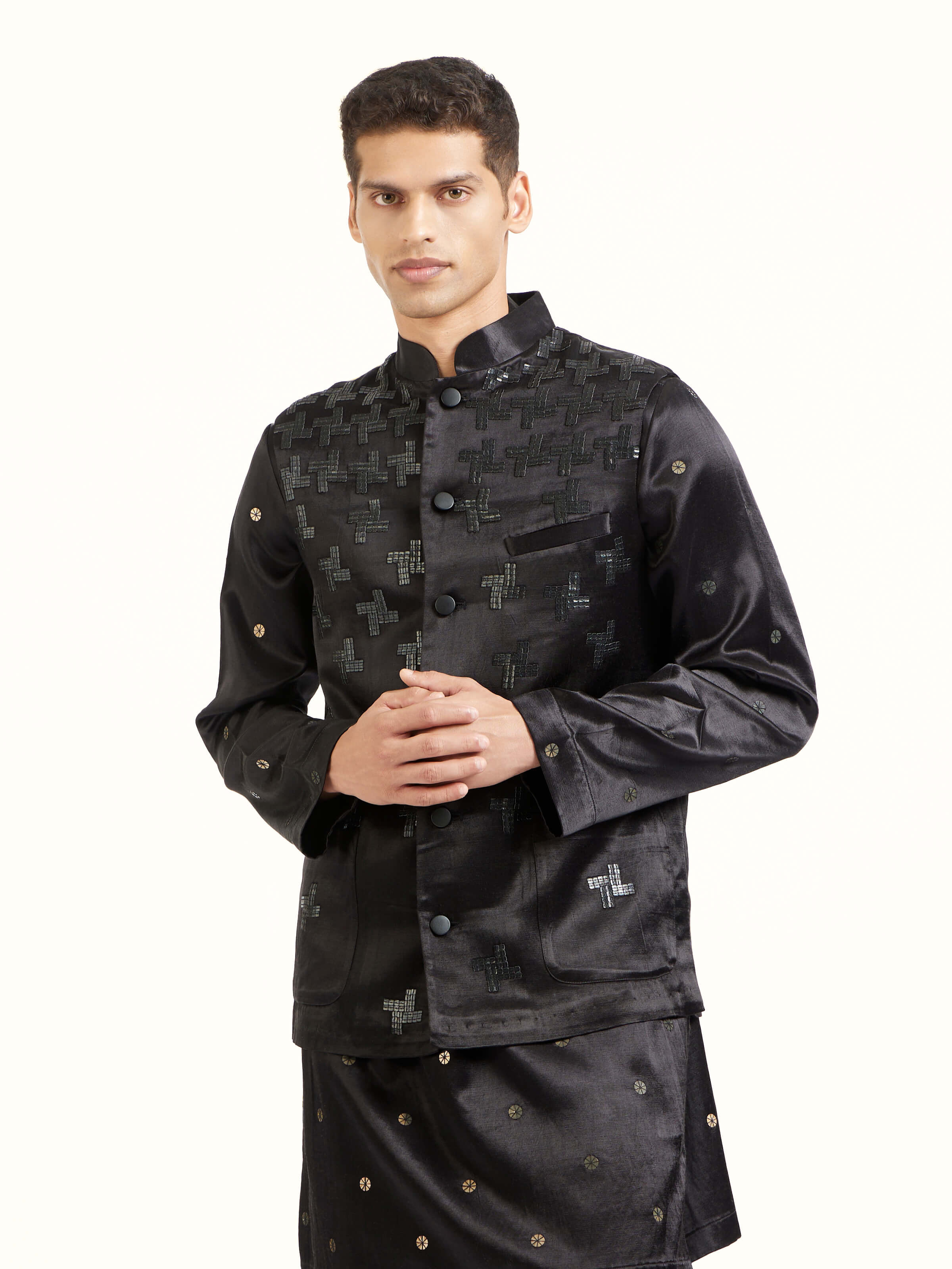 Angled view of black hand embroidery ethnic jacket emphasizing embroidered detailing
