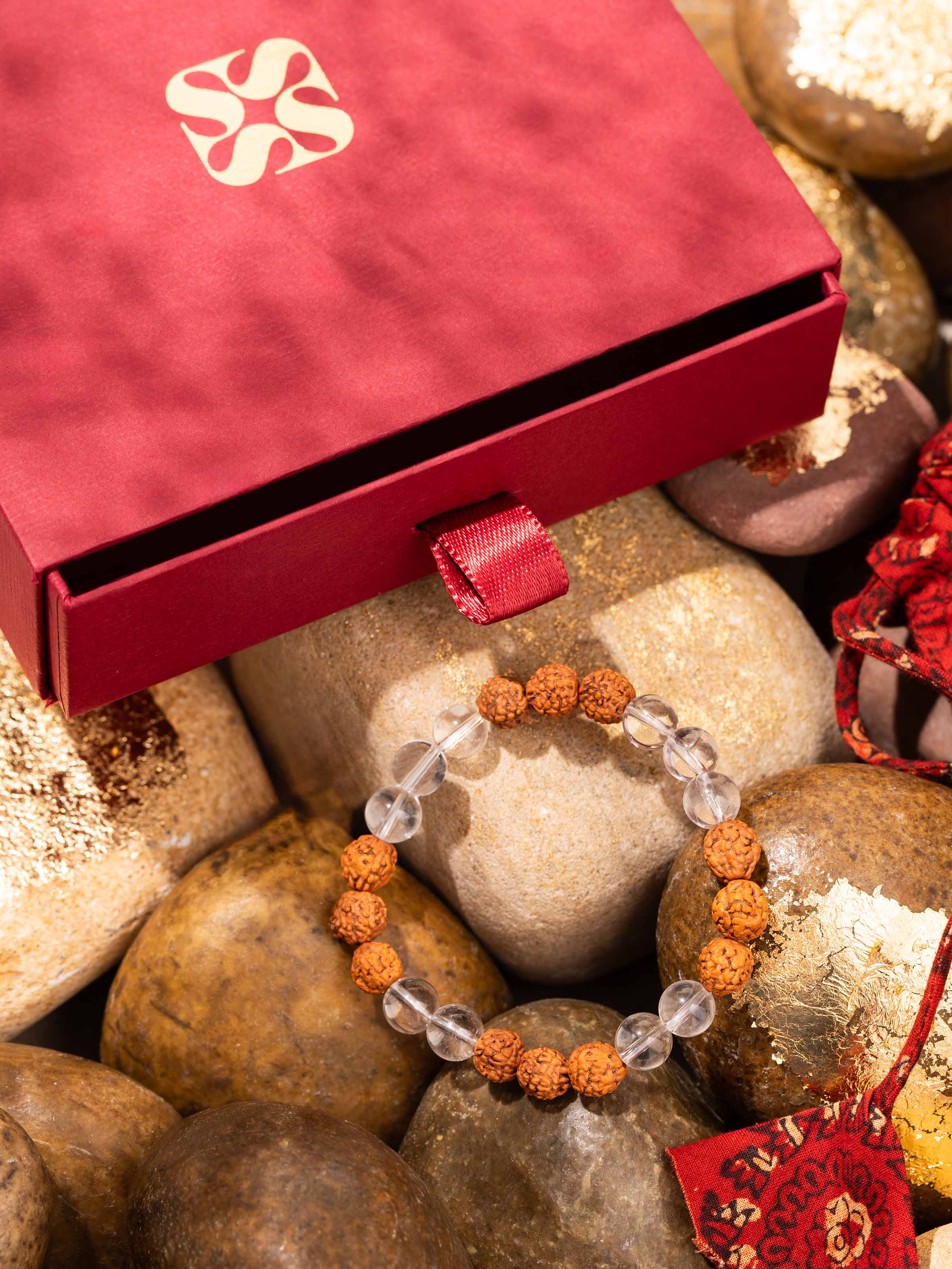 Lifestyle image showing Rudraksha & Sphatik bracelet worn on wrist