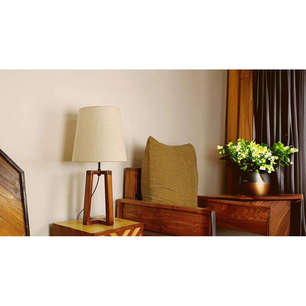 Blender Brown Wooden Table Lamp with White Fabric Lampshade
