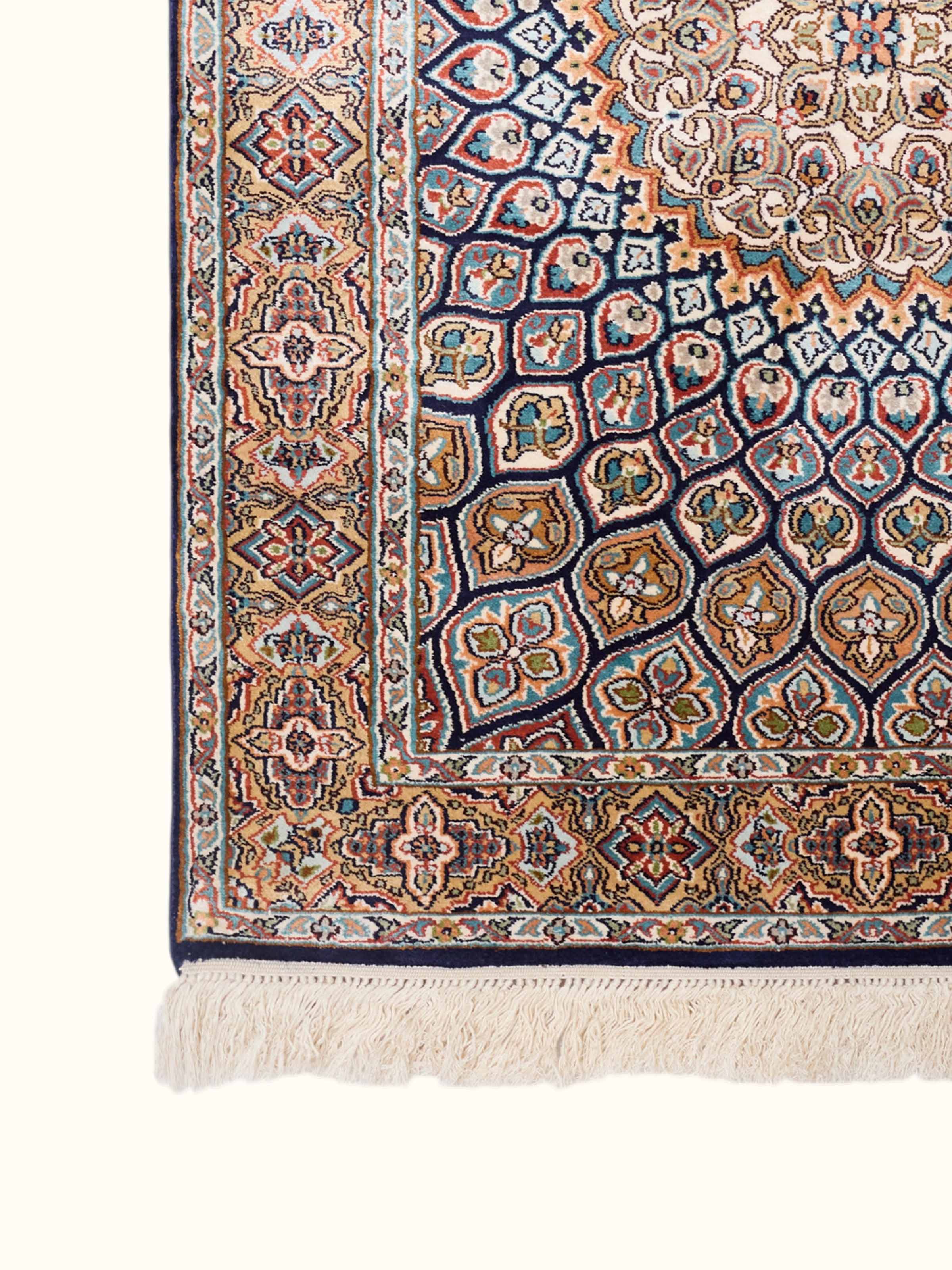 Traditional Persian Navy Ivory Medallion Kashmir Silk Hand-Knotted Carpet