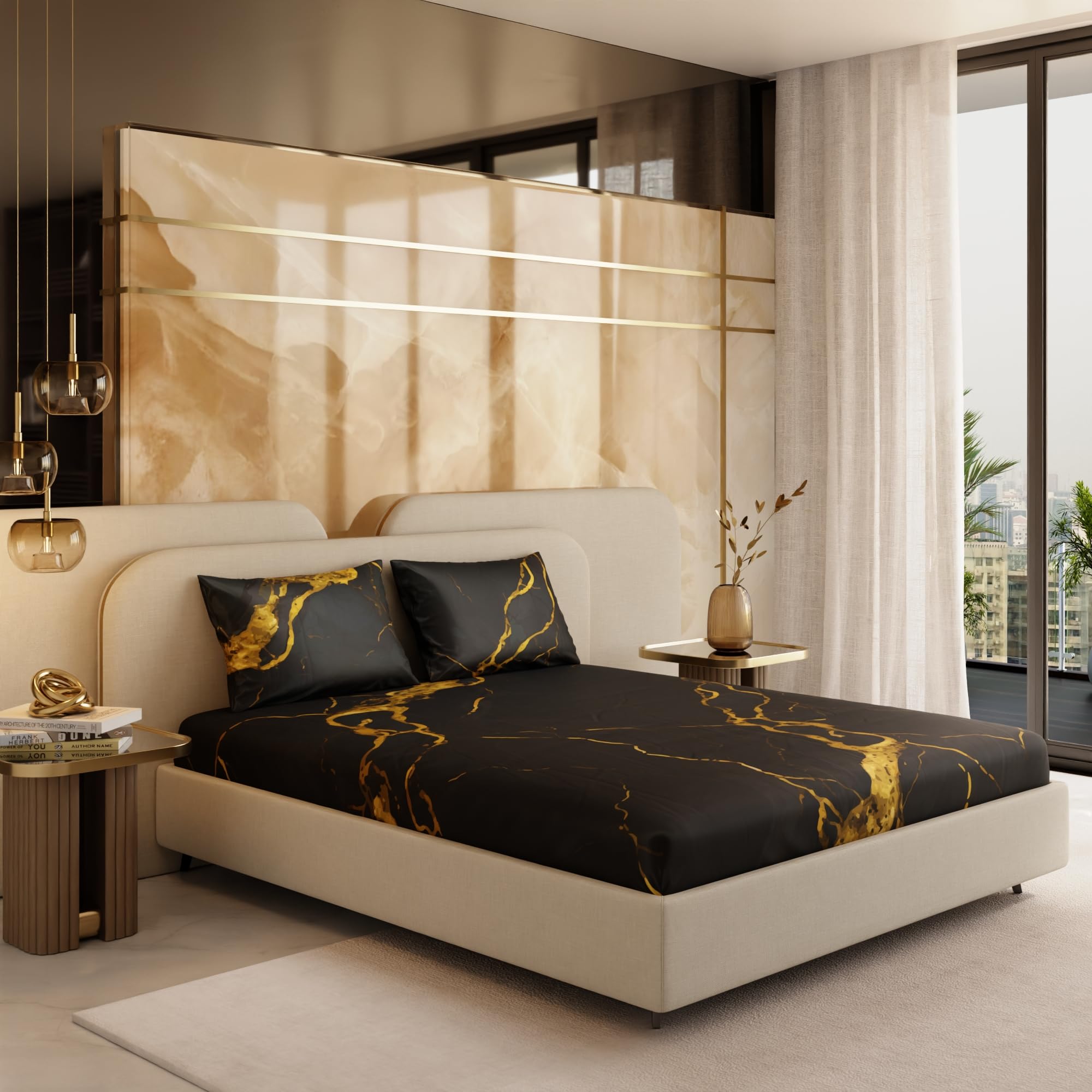 Stoa Paris 300TC UltrSatin King Bedsheet Set Satin King Velvet Black Gold - Stoa Paris