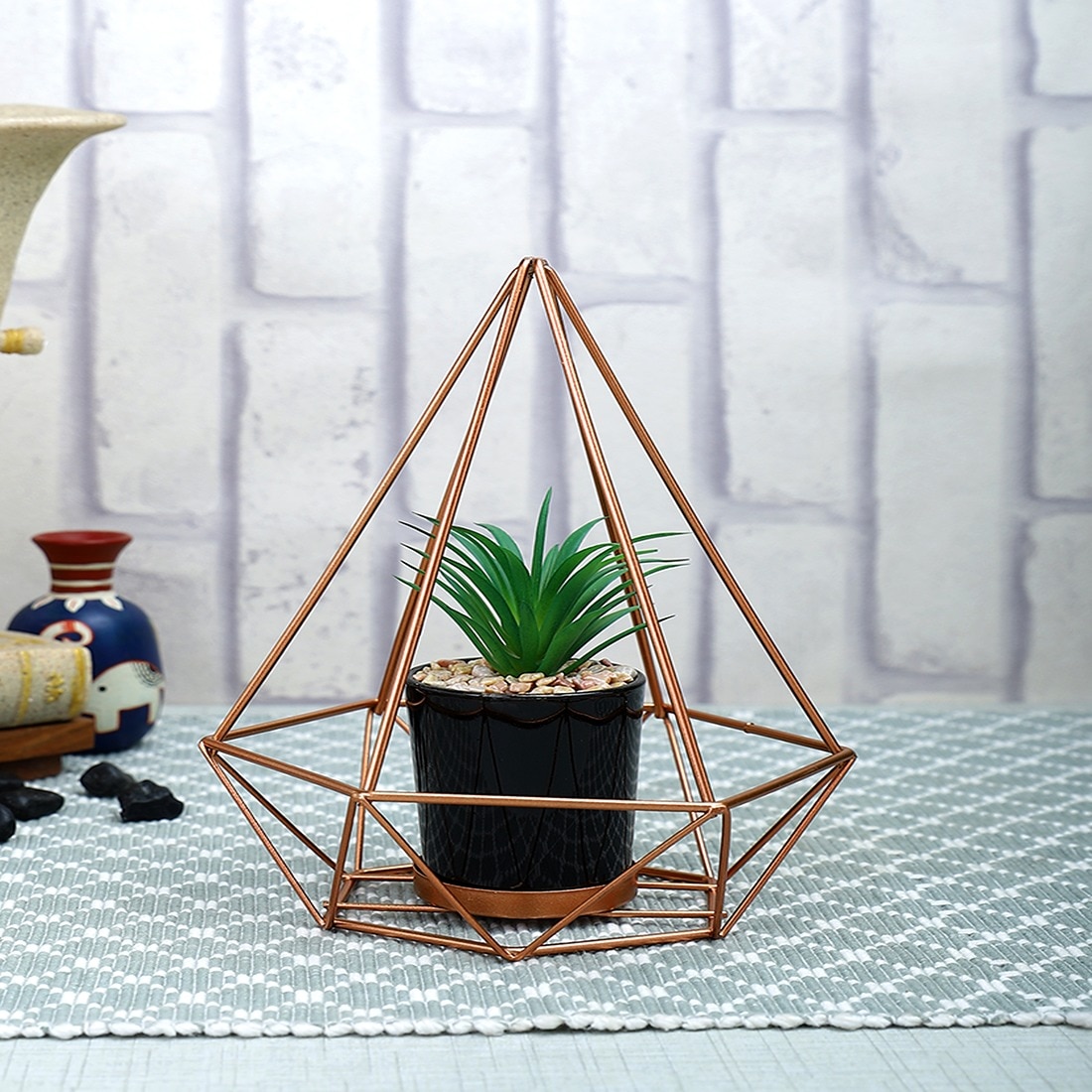 Geometric Metal Planter With Artificial Plant