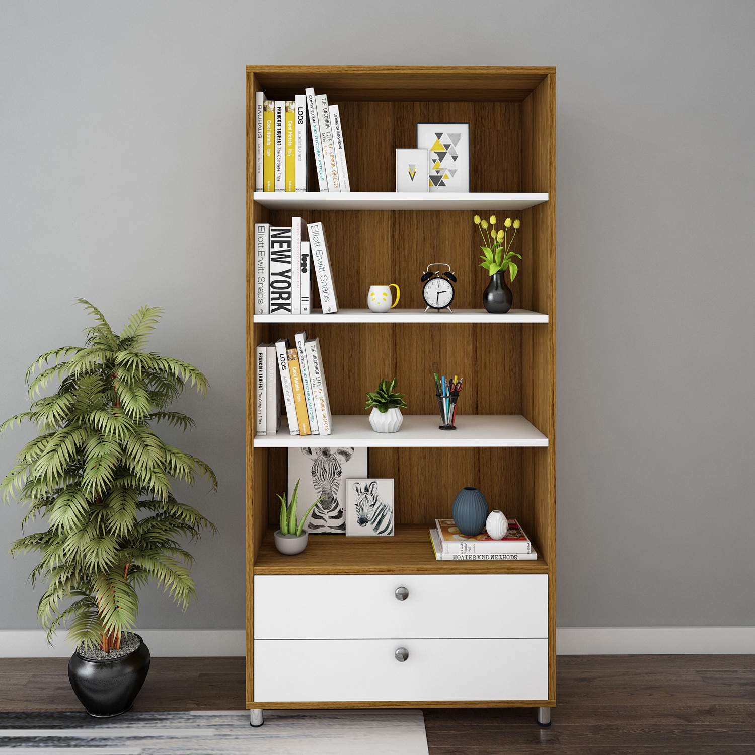Lasker Bookcase Exotic Teak And Frosty White - Woodbuzz