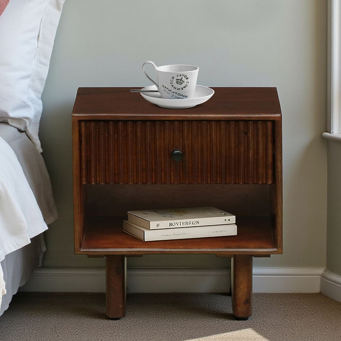 Elvara Solid Wood Bedside Table in Tobacco Finish - Demiwall