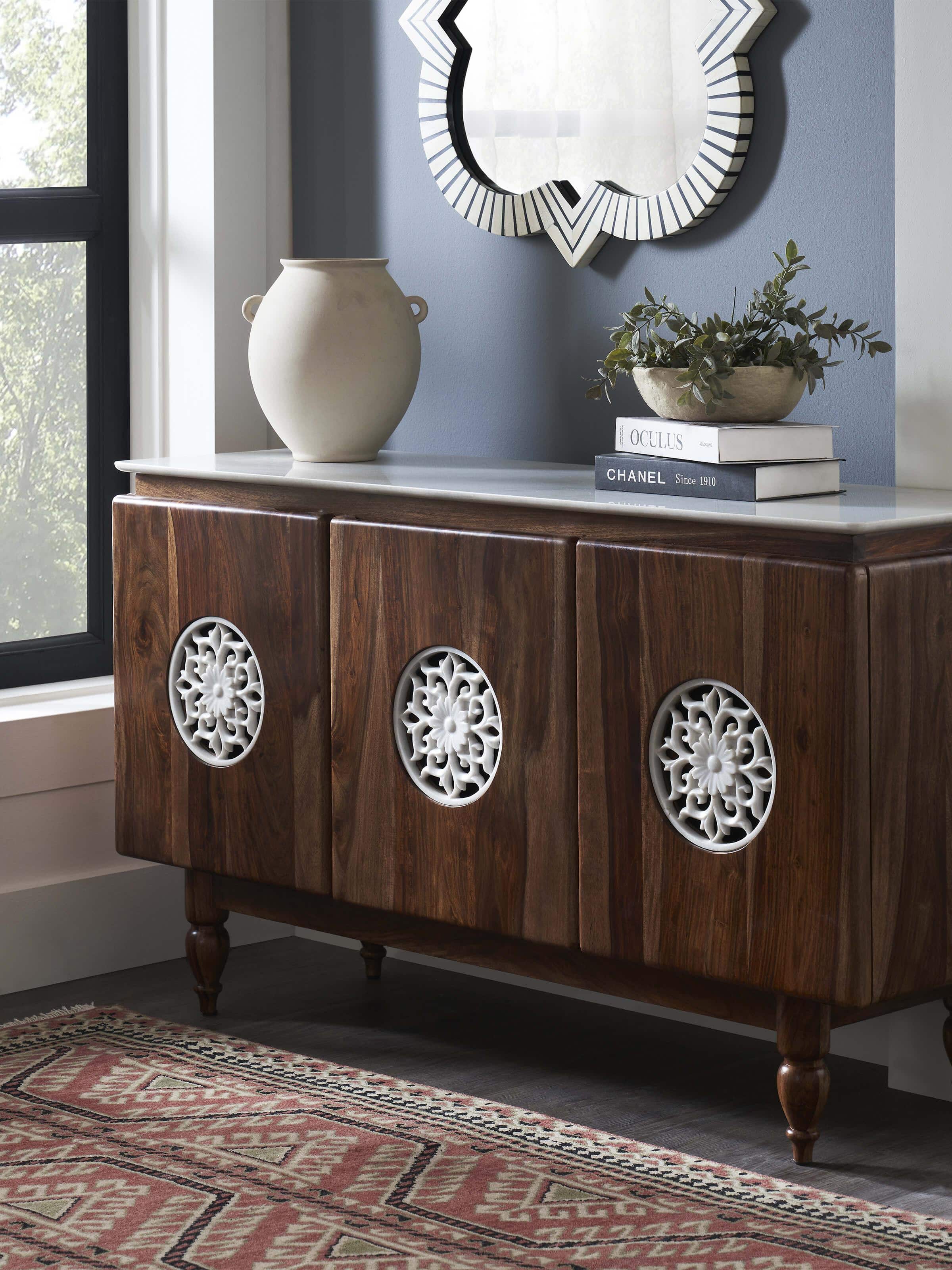 Side view of walnut finish carved marble & sheesham wood sideboard highlighting elegant craftsmanship