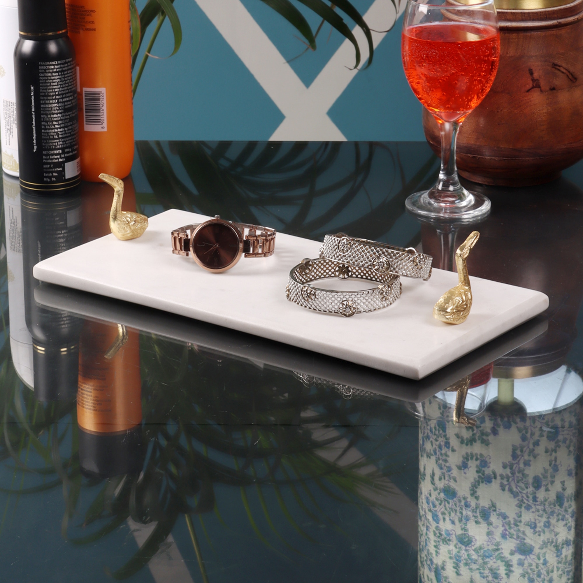 Marble Platter Rectangular With Gold Finish Metal Piece Attachment - NikkisPride