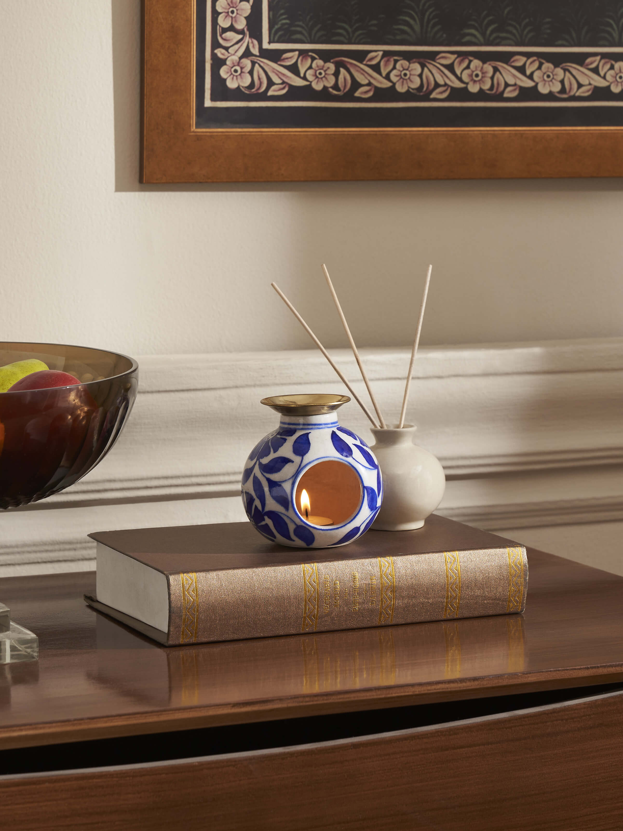 Lifestyle view of Blue Pottery Ceramic Aroma Oil Burner