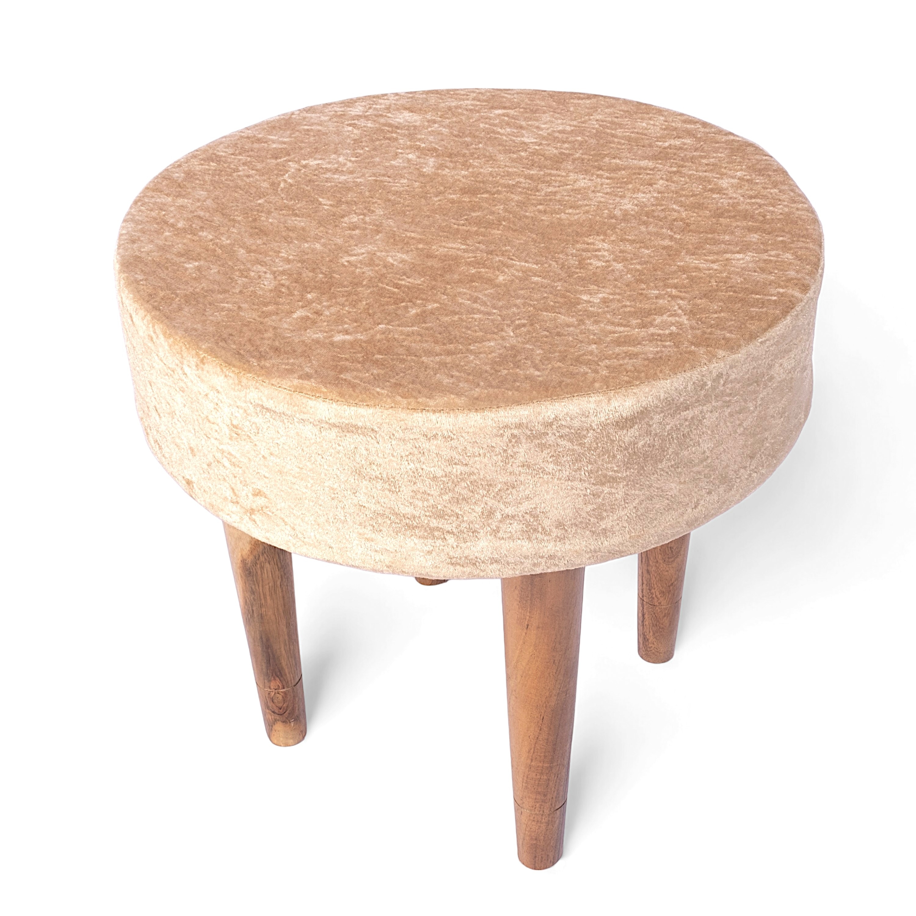 Nayla Solid Wood Stool in Ivory Sparkle Velvet Fabric