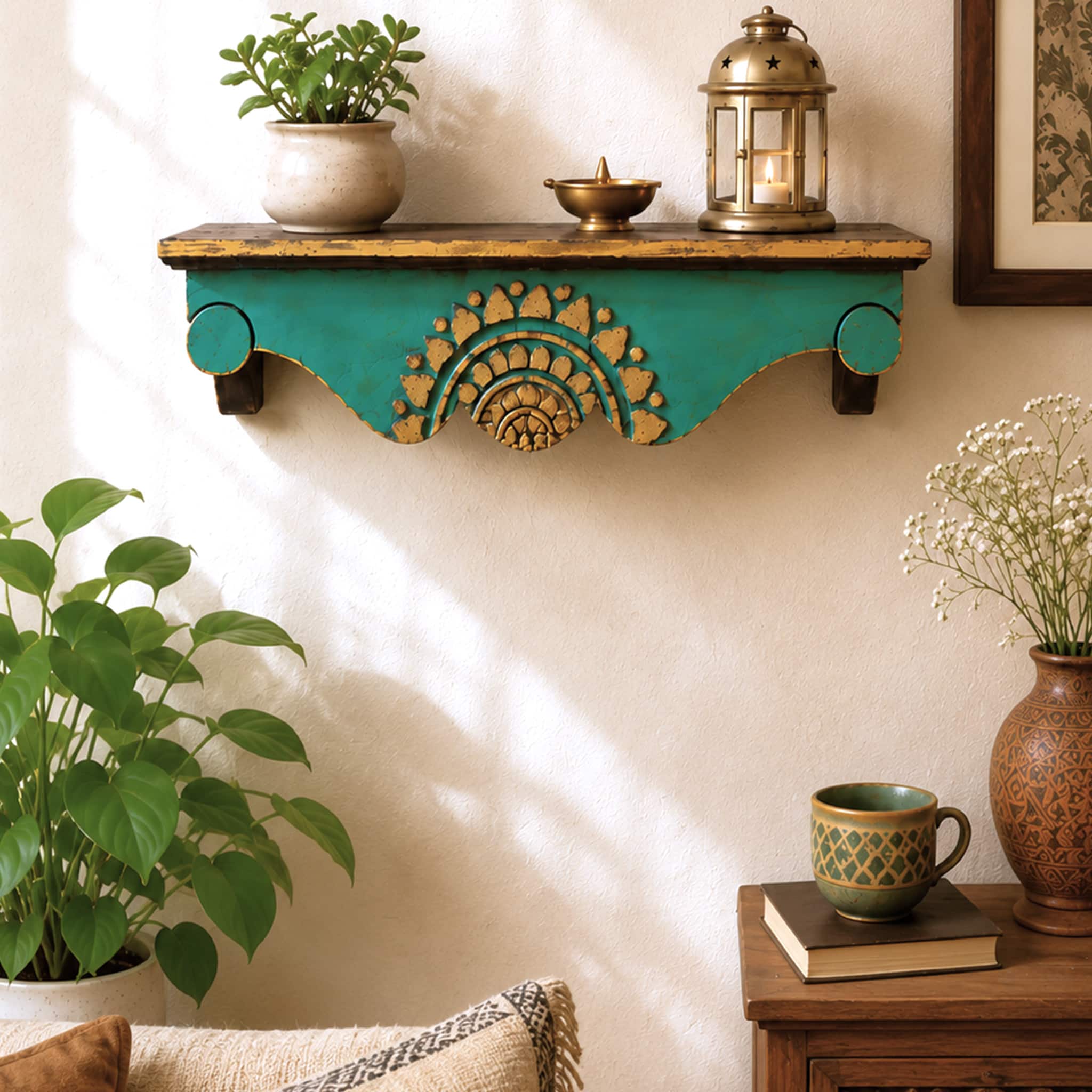 Multishade Colour Solid Wood Handcarved Vijaya Floating Wall Shelf with distres finish by DisooFashions - Disoo Fashions