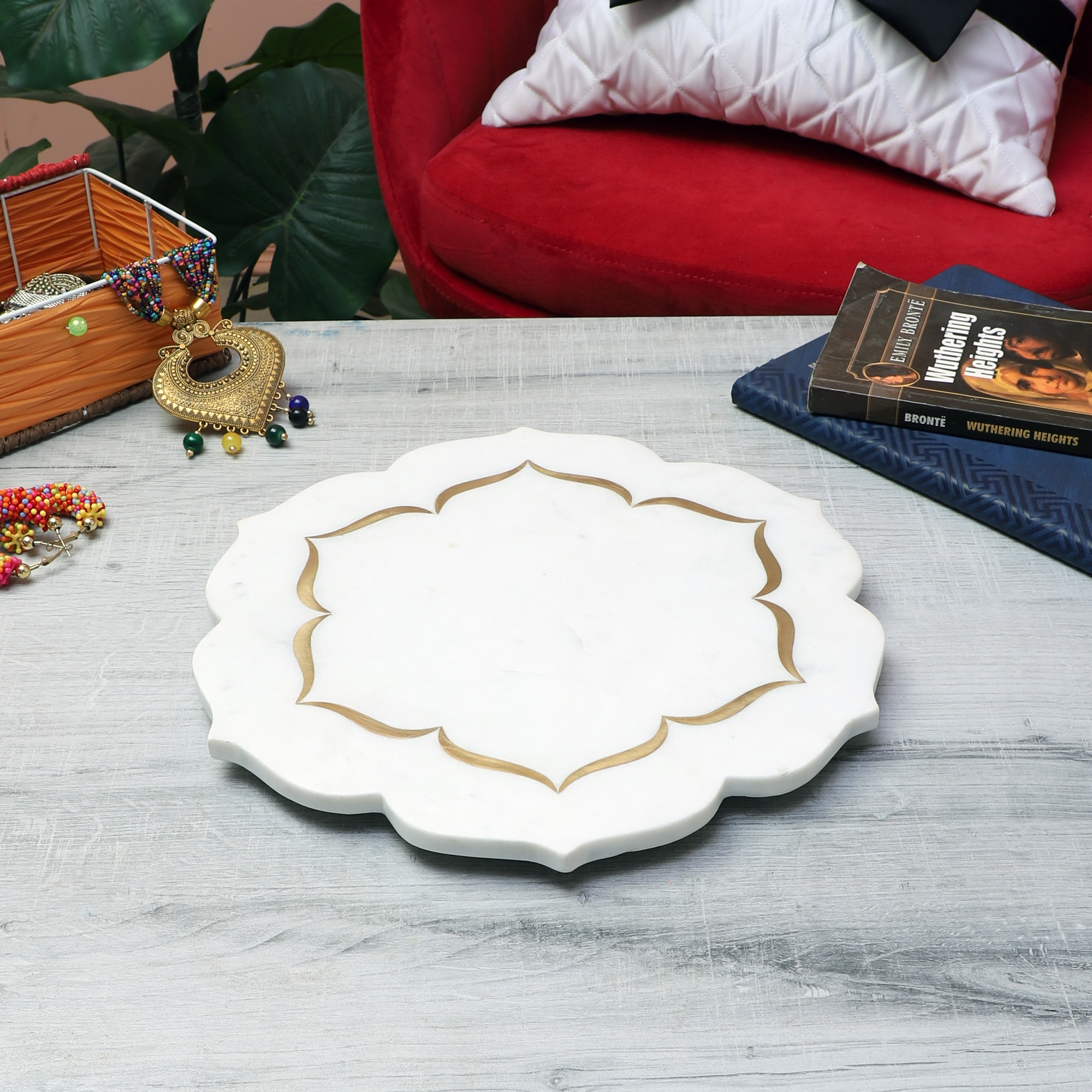 Marble Brass Inlay Flower Shape Platter - NikkisPride