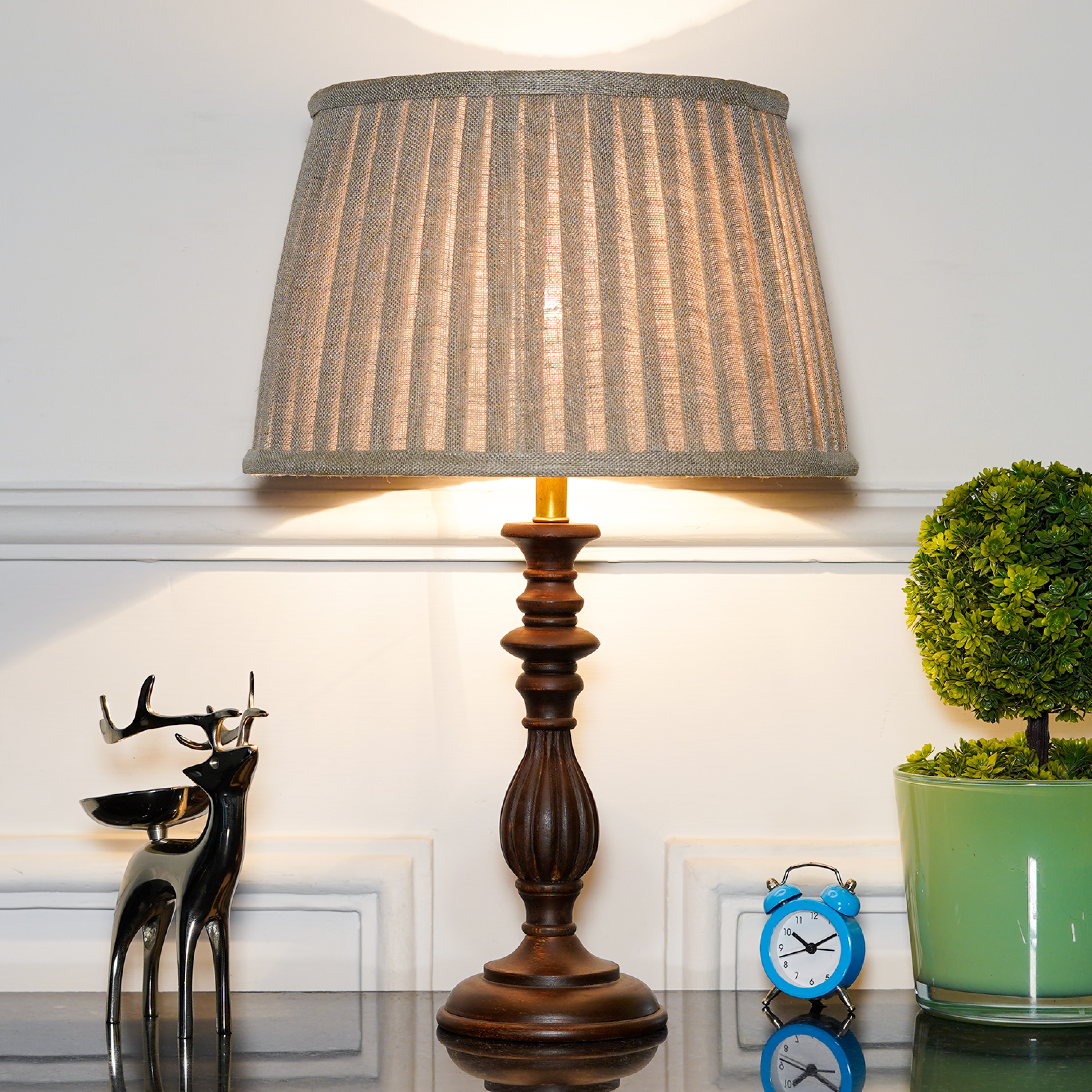 Lorette hand crafted Solid wood walnut finish table lamp With Natural Linen Shade - Kapoor Lamp Shades