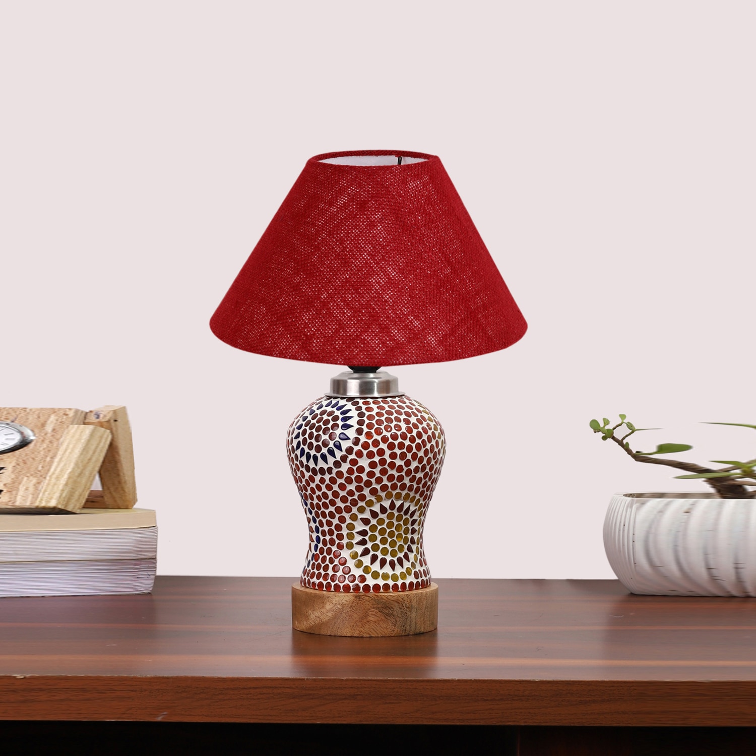 Devansh Conical Maroon Jute Shade Lamp With Wood & Mosaic Glass Base For Decoration/Office/Home/Gifting/Study For Decoration/Office/Home/Gifting/Study -(10X10X14.5) Inches -A