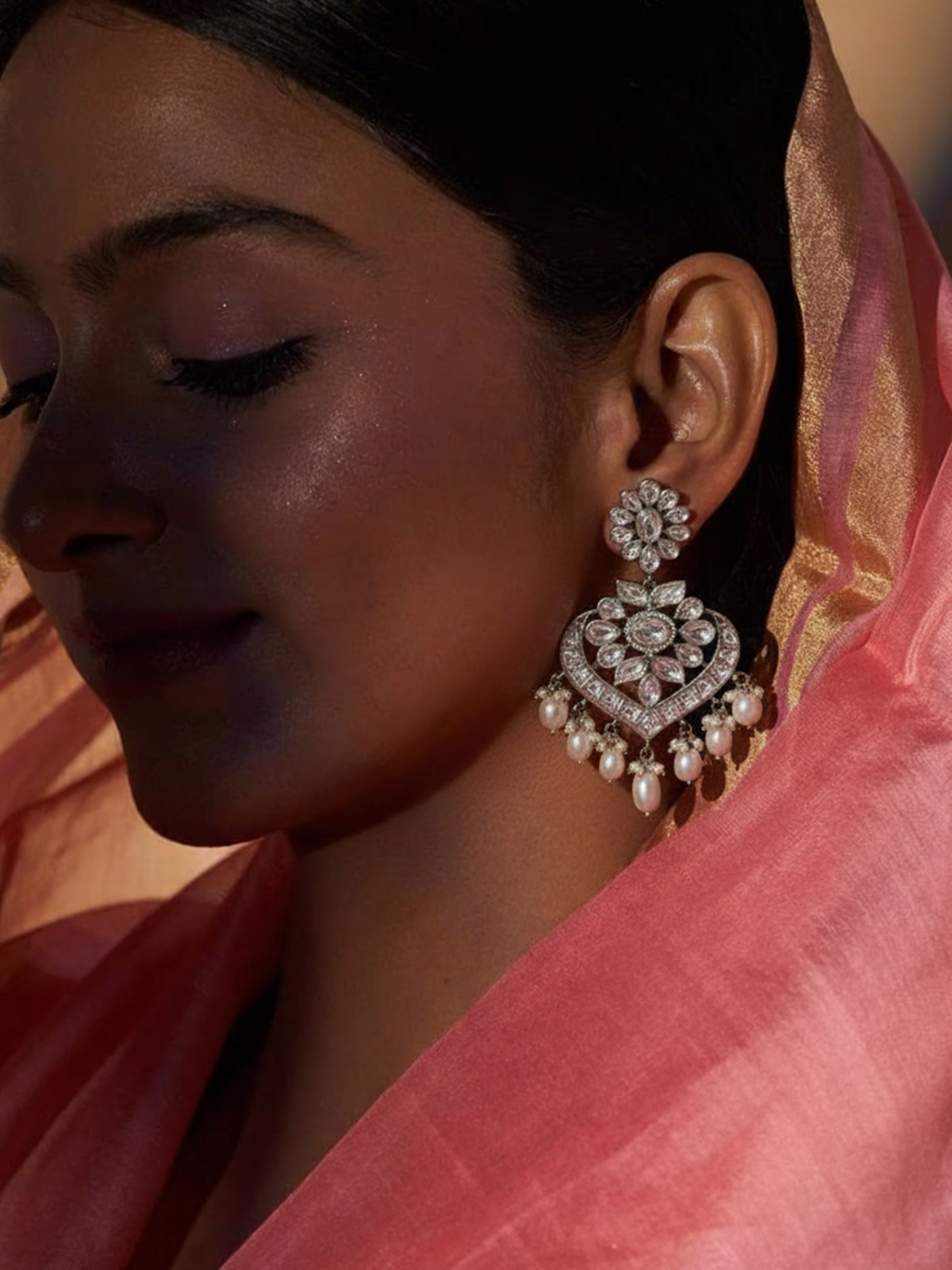 Lifestyle view of Dank Polki Silver Drop Earrings