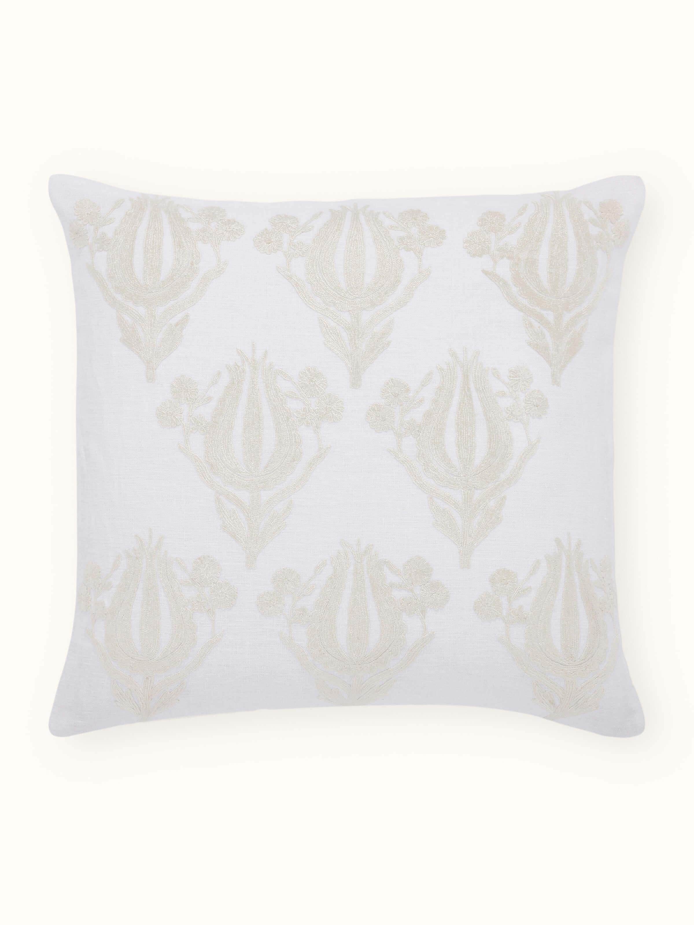 Razza Ivory Buta Linen Kashmiri Kashmir Chain Stitch Hand Embroidery Cushion Cover