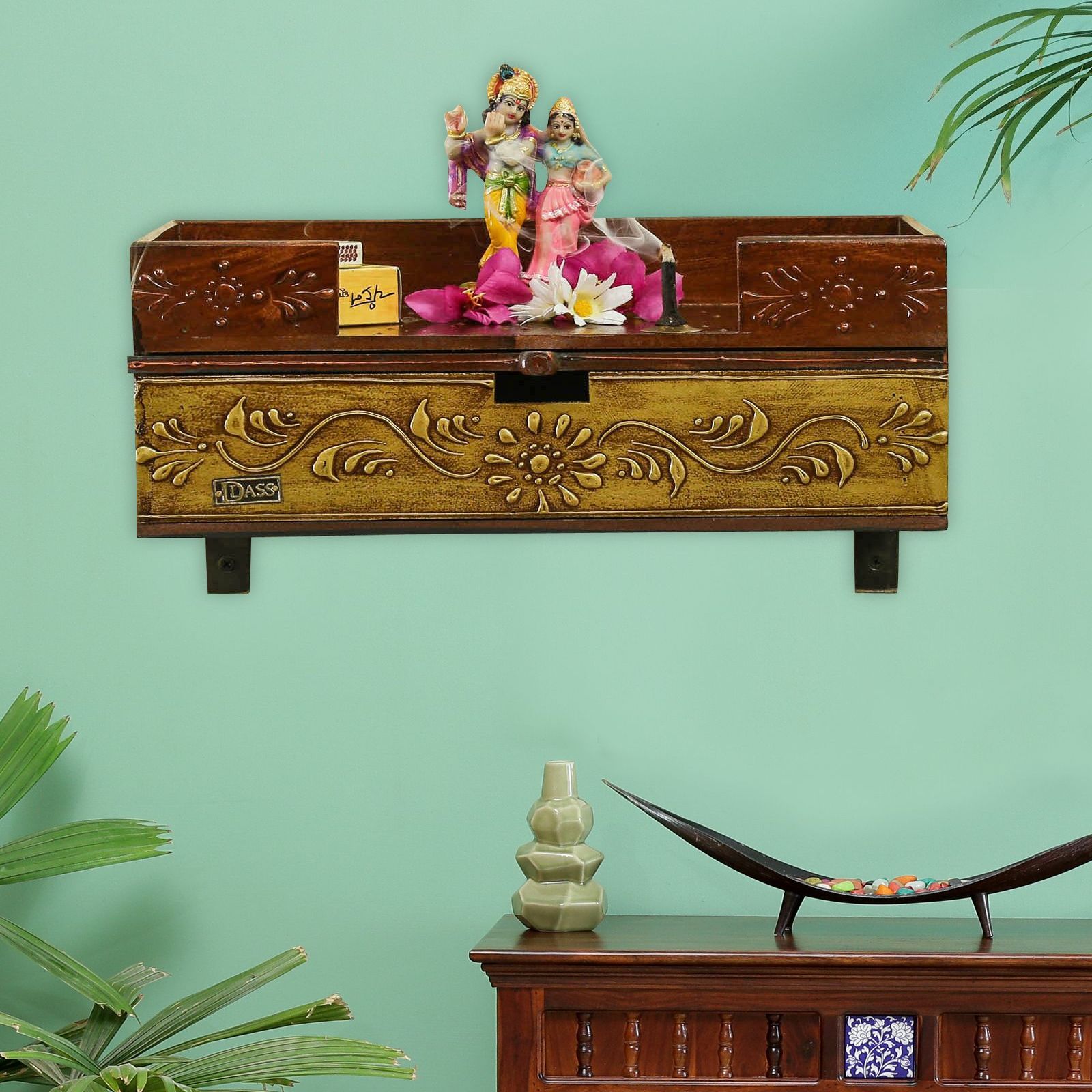 D'Dass Copper Wooden Shelf Style Temple For Pooja In Home and Office