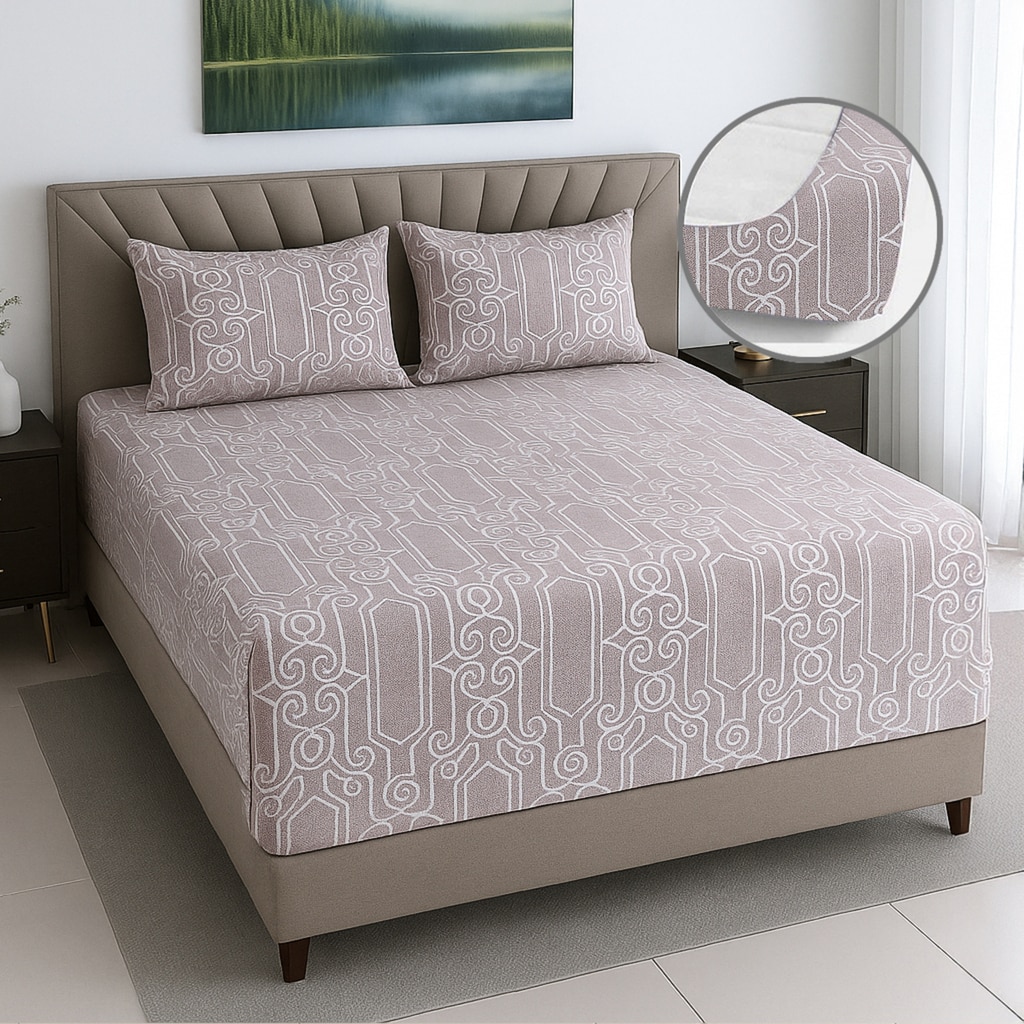 Peach Abstract 400 TC Cotton Fitted Queen Bed Size Bedsheet With 2 Pilllow Covers Threads
