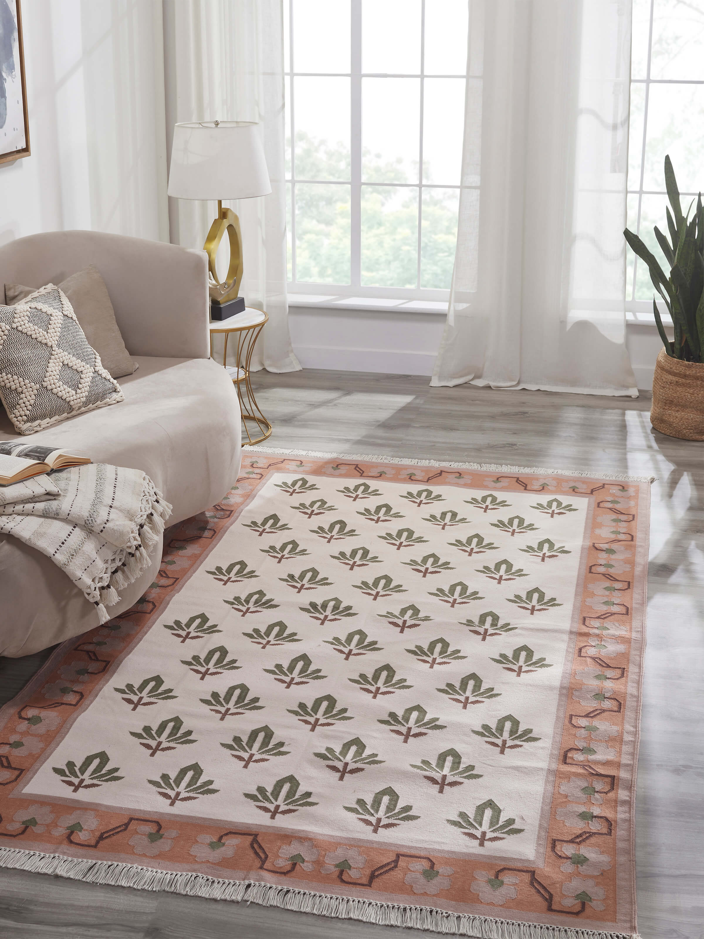 Side view of Contemporary lotus blush lawan cotton panja dhurrie, showing the full design and color details.