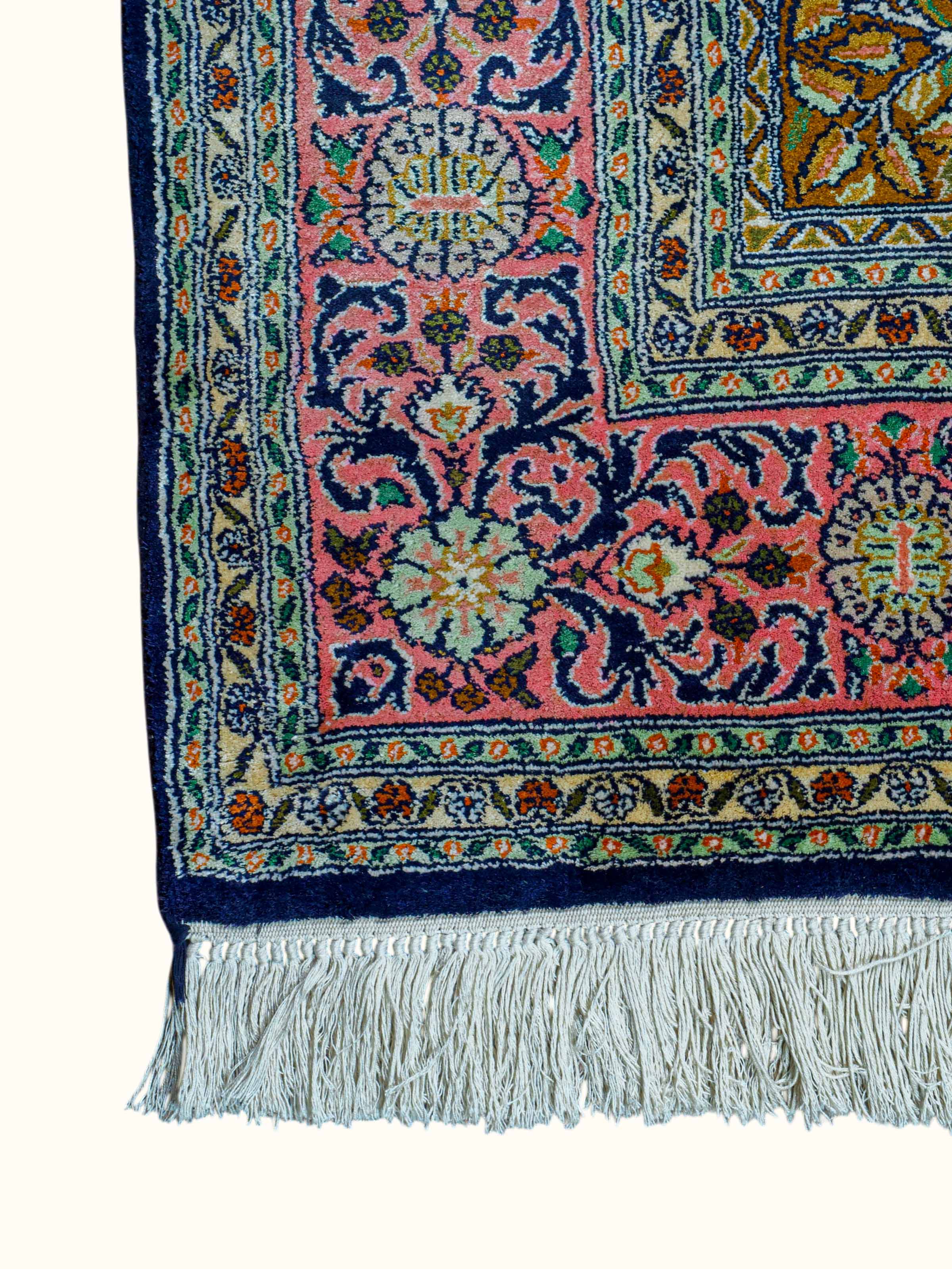 Traditional Persian Pink Dabdar Kashmir Silk Hand-Knotted Carpet