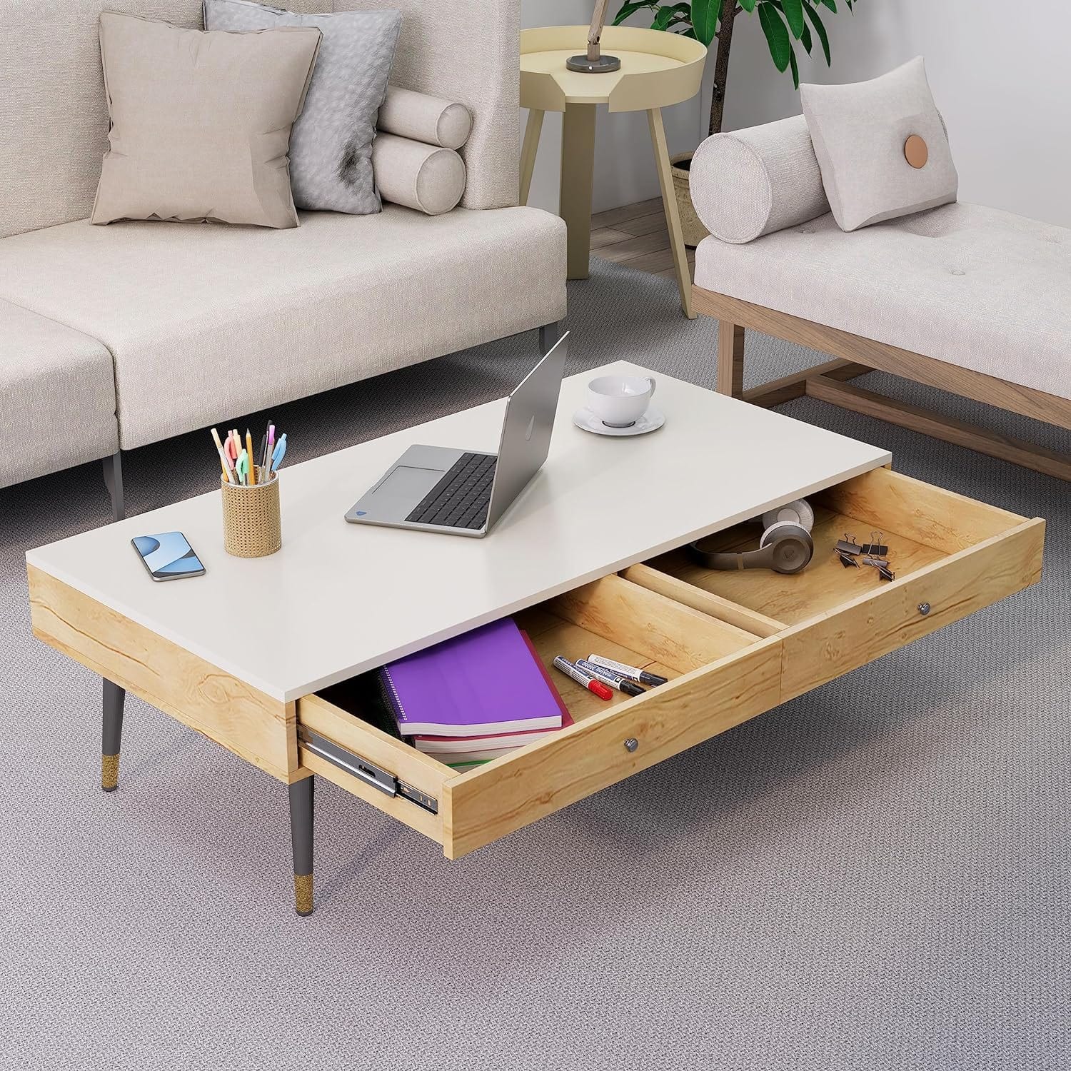 Hexa Engineered Wood Coffee Table With 2 Drawers In Giant Wood And Frosty White - HexaRed
