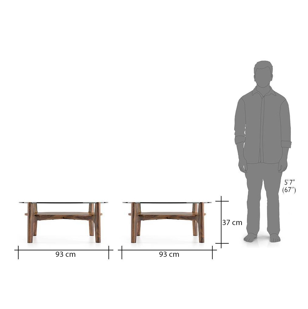 Cayman Round Glass Top Solid Wood Coffee Table with Storage In Teak Finish