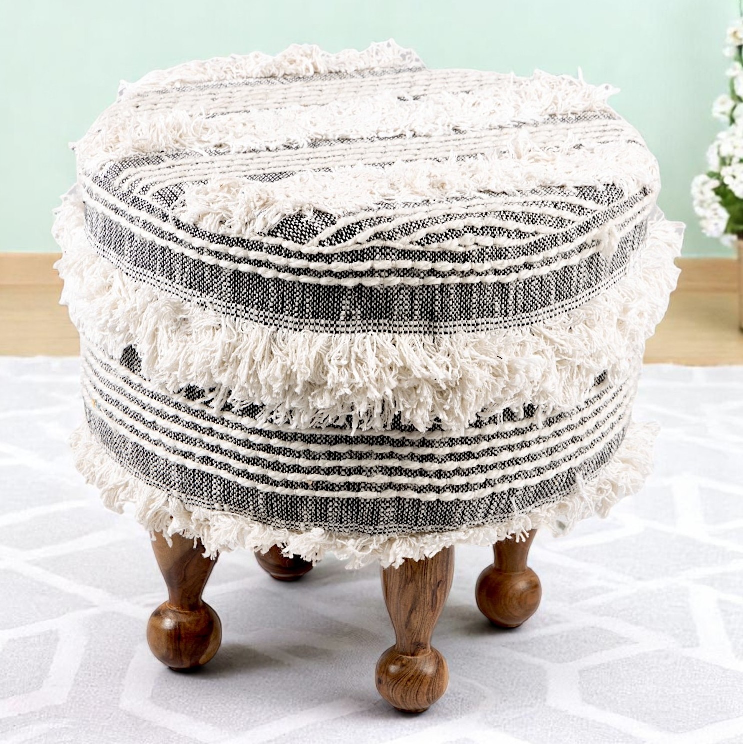 Louisville Acacia Wood Mid Century Round Pouf Stool in Grey Fabric