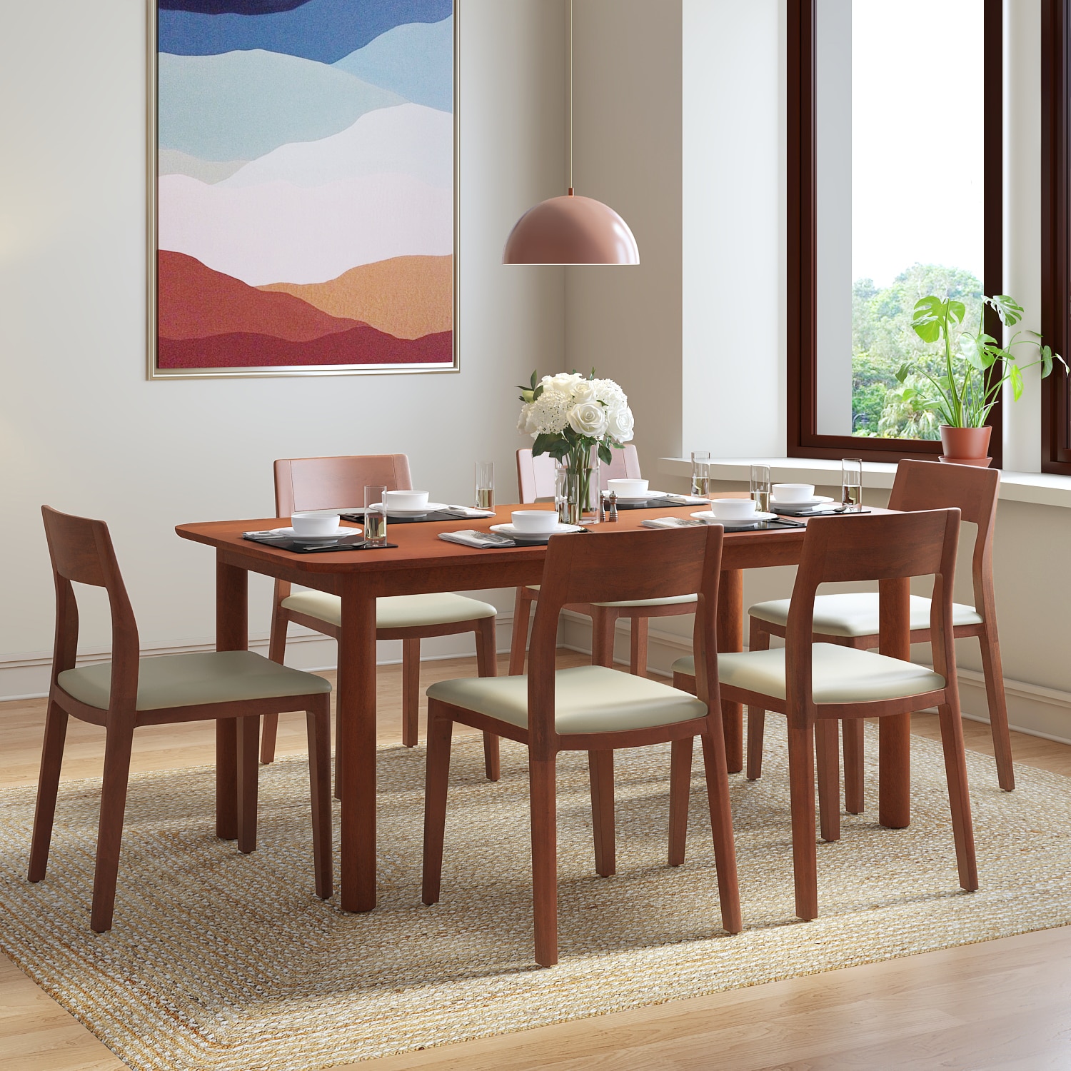 Dane Solid Wood Dining Table 6 Seater with 6 Clarke Solid Wood Dining Chairs (Finish: Honey, Colour: Cream Leatherette) - Urban Ladder