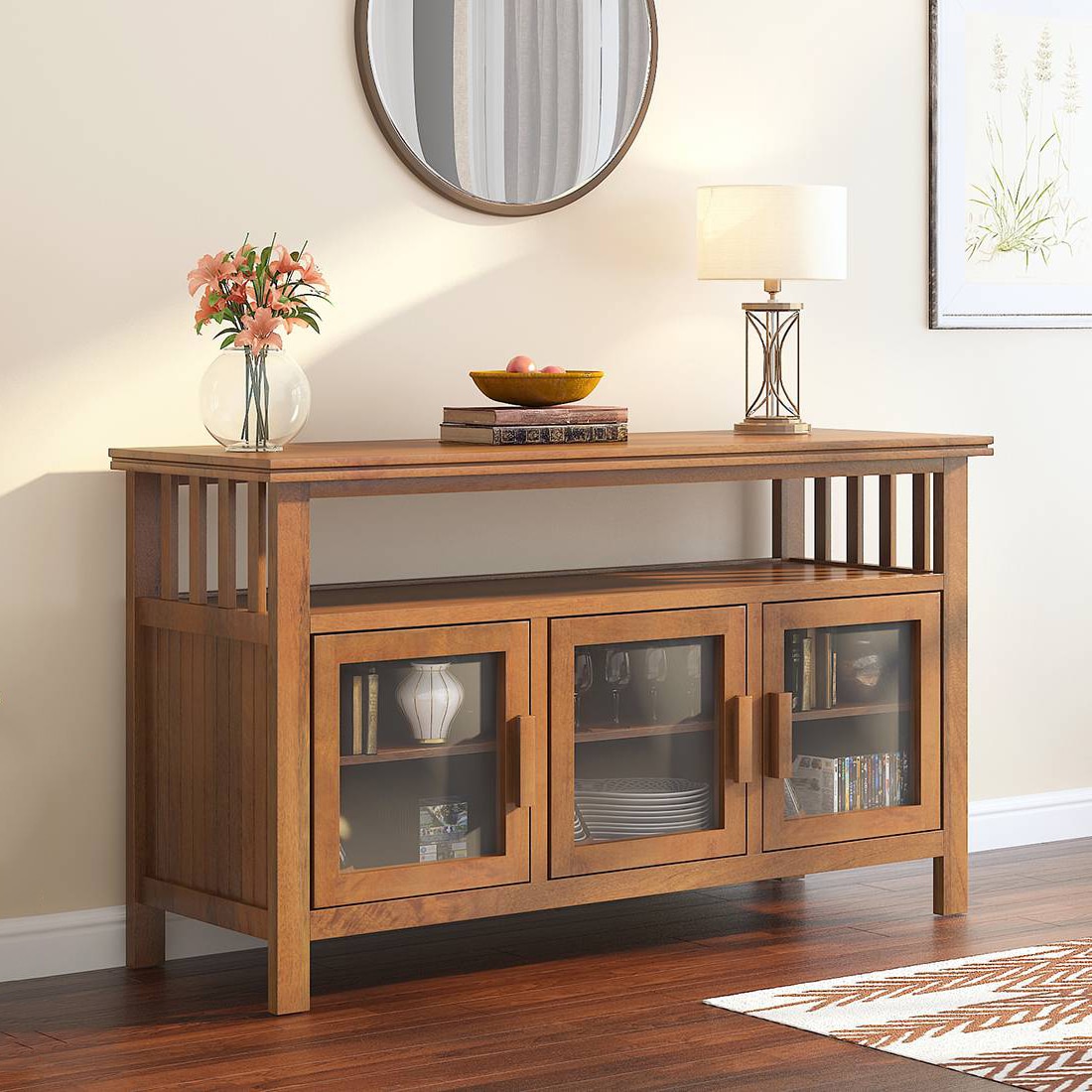 Rhodes 3 Door Solid Wood Sideboard in Amber Walnut Finish