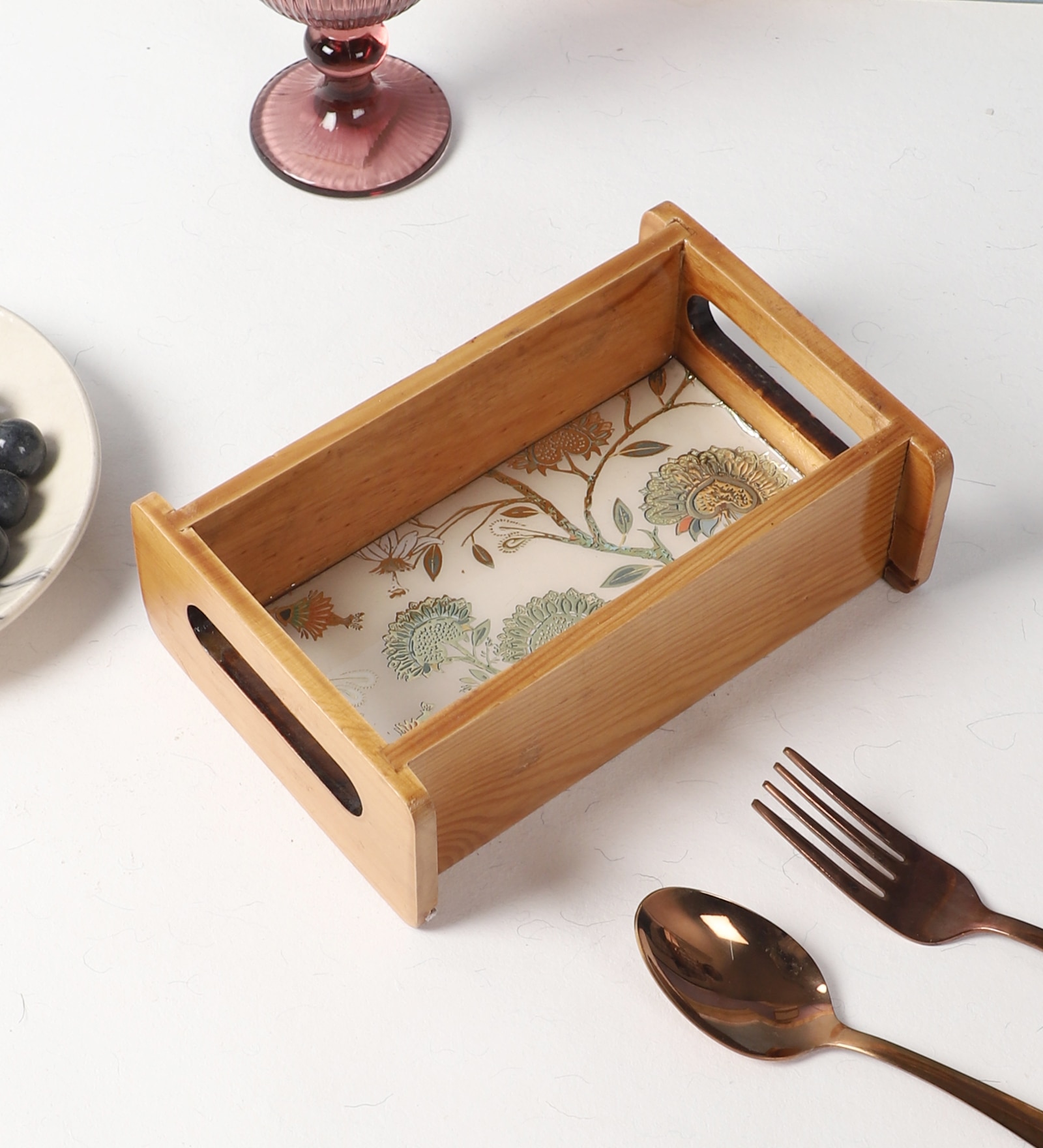 Decorative Tray Tray For Gifting Floral Design Rectangle Tray Pine Wood Tray Tray For Kitchen Organizer (1 Piece)