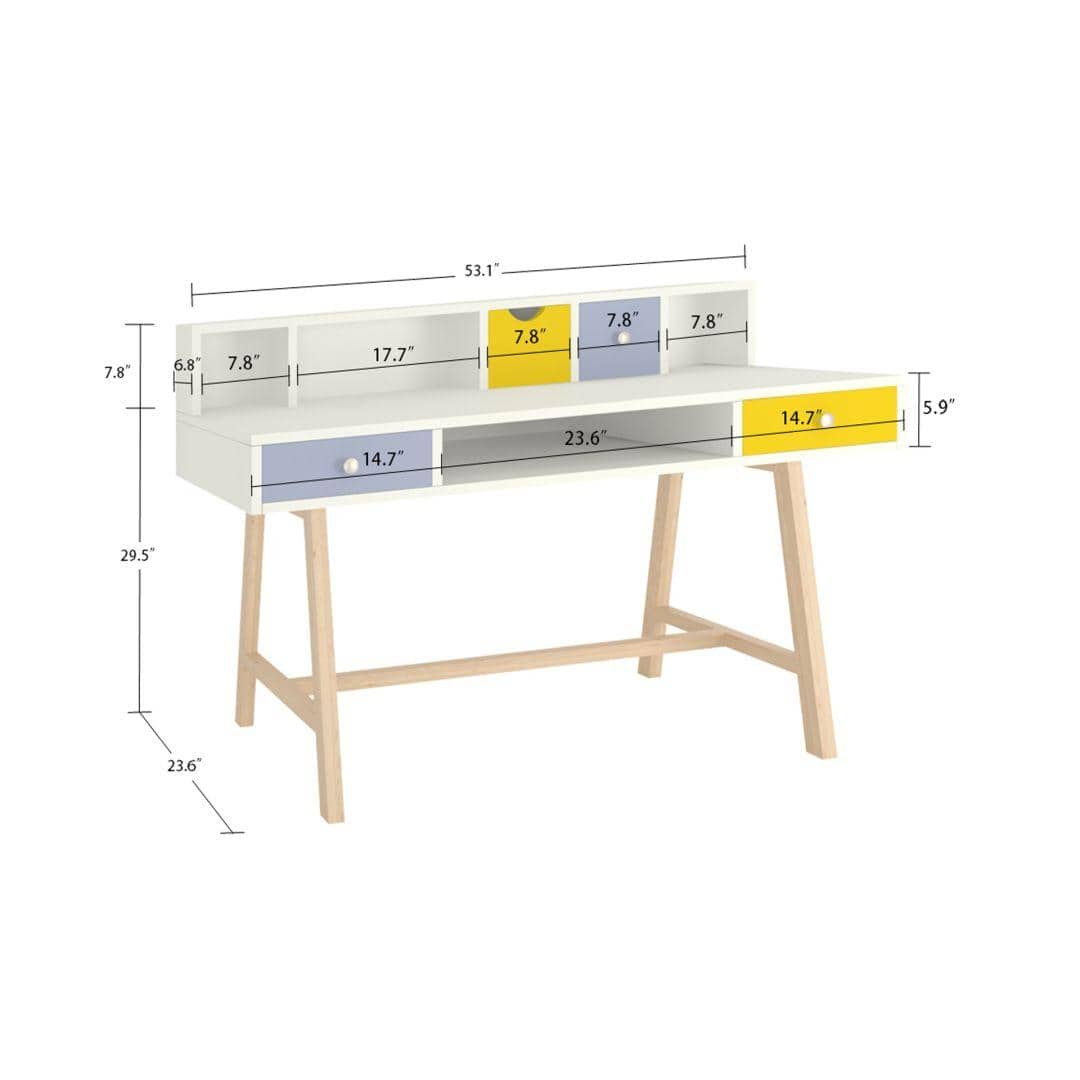 Samara Solid Wood Large 2 Level Study Desk with Drawers Shelves and Tapered Frame in Davy Grey Sunshine Yellow Colour