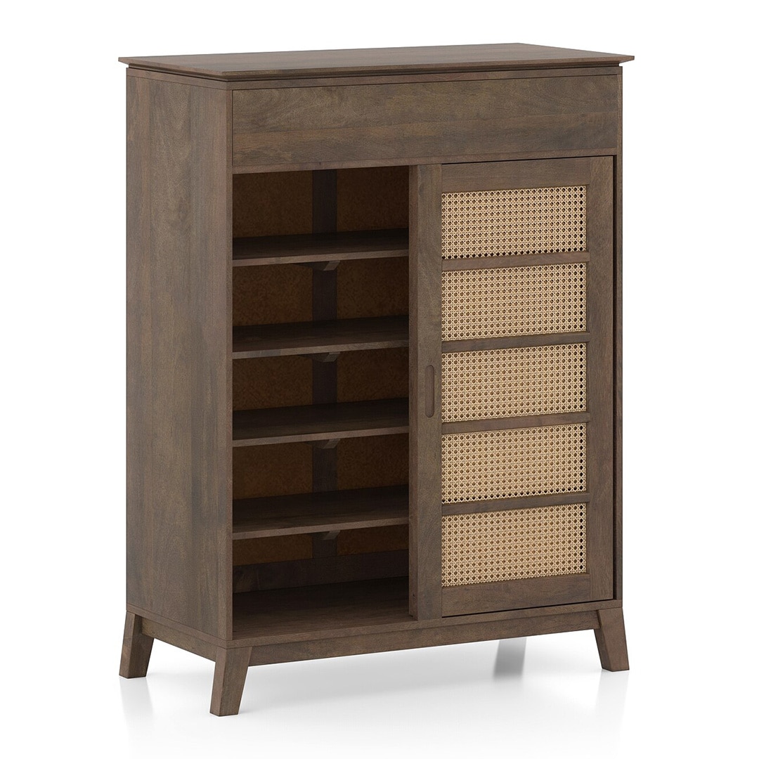 Fujiwara 20 Pair Solid Wood and Cane Shoe Cabinet With Drawer In