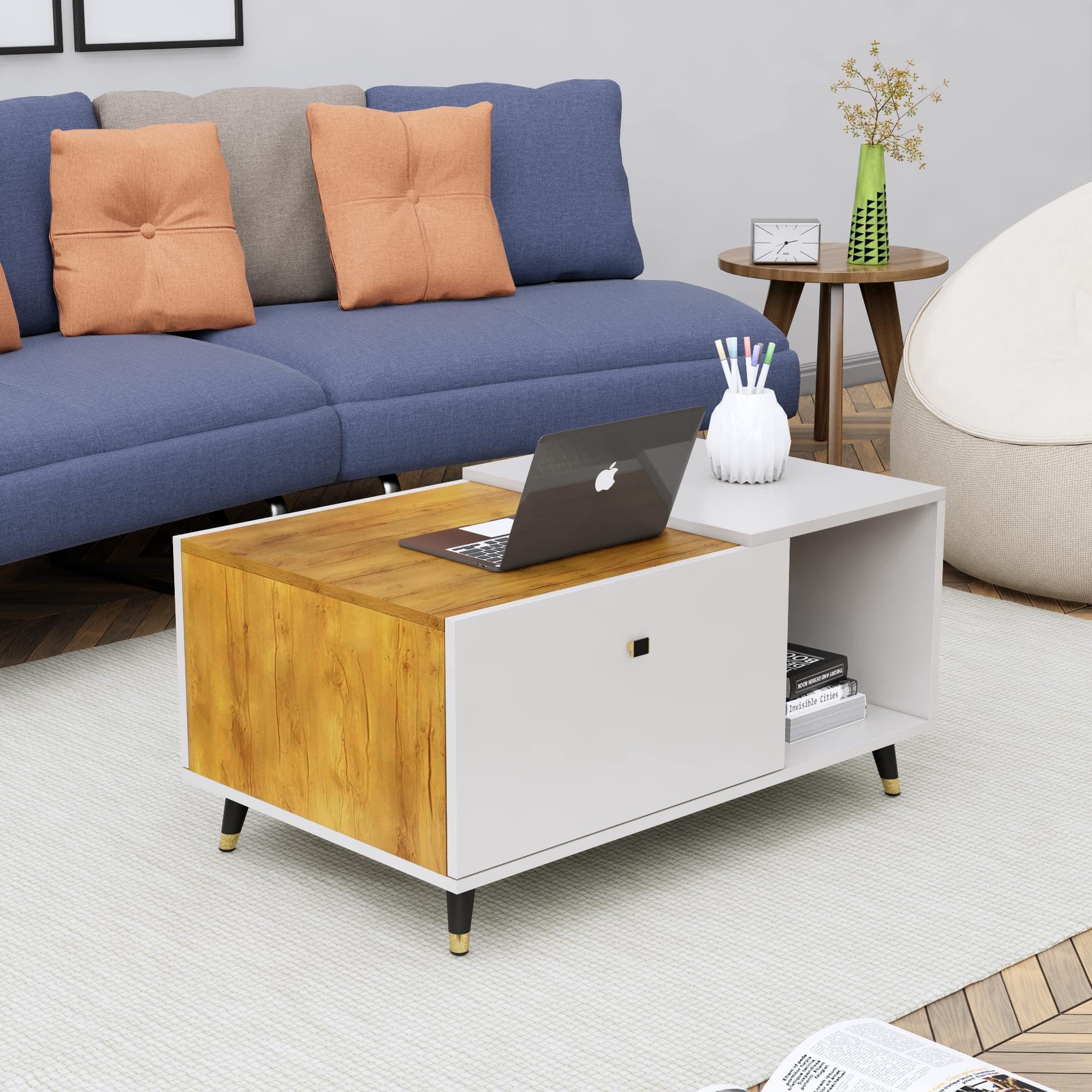 Hexa Engineered Wood Center Table With Storage And Open Rack In Frosty White And Giant Wood - HexaRed