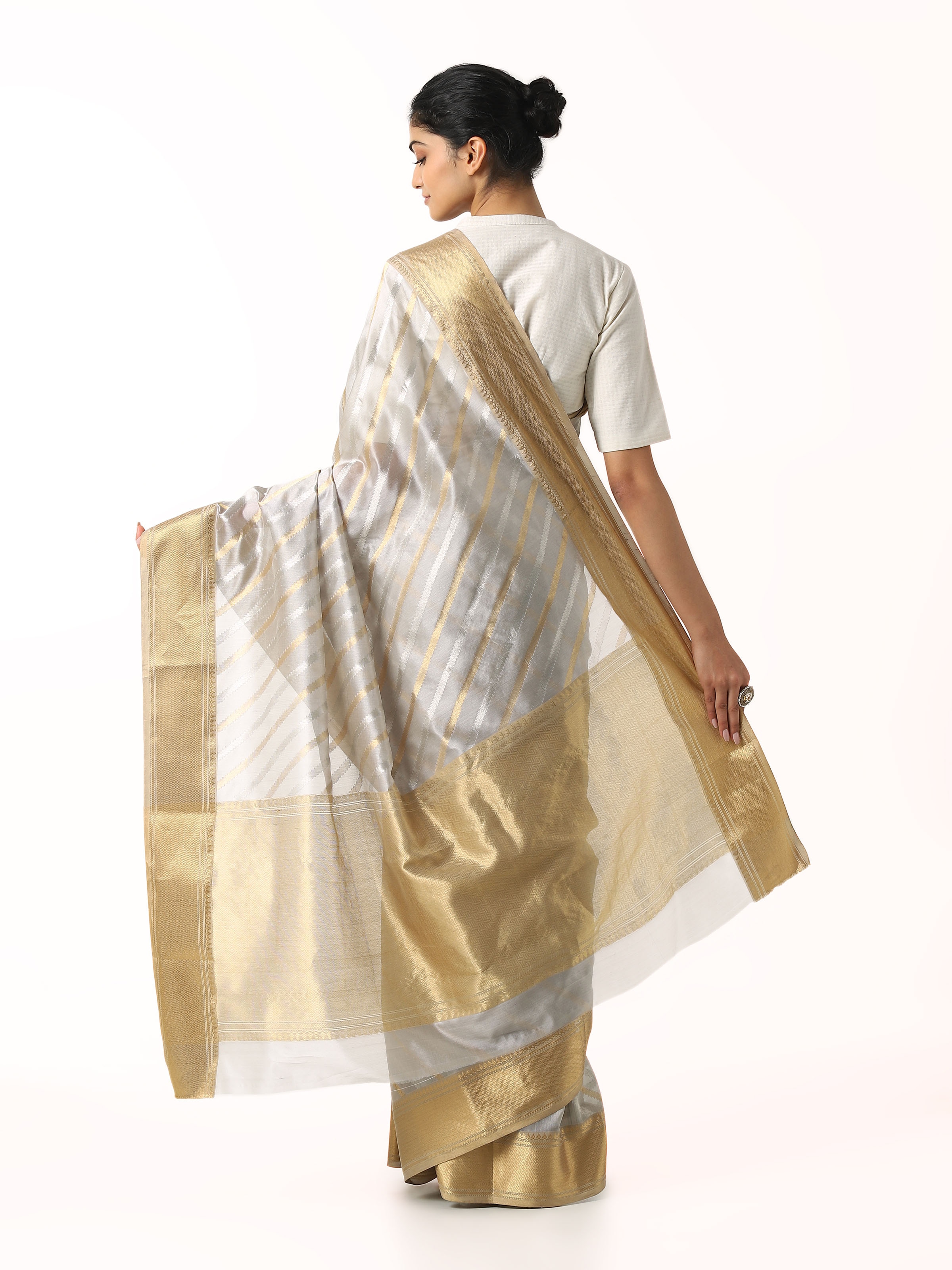 Back view of grey cotton silk Chanderi saree displaying overall design
