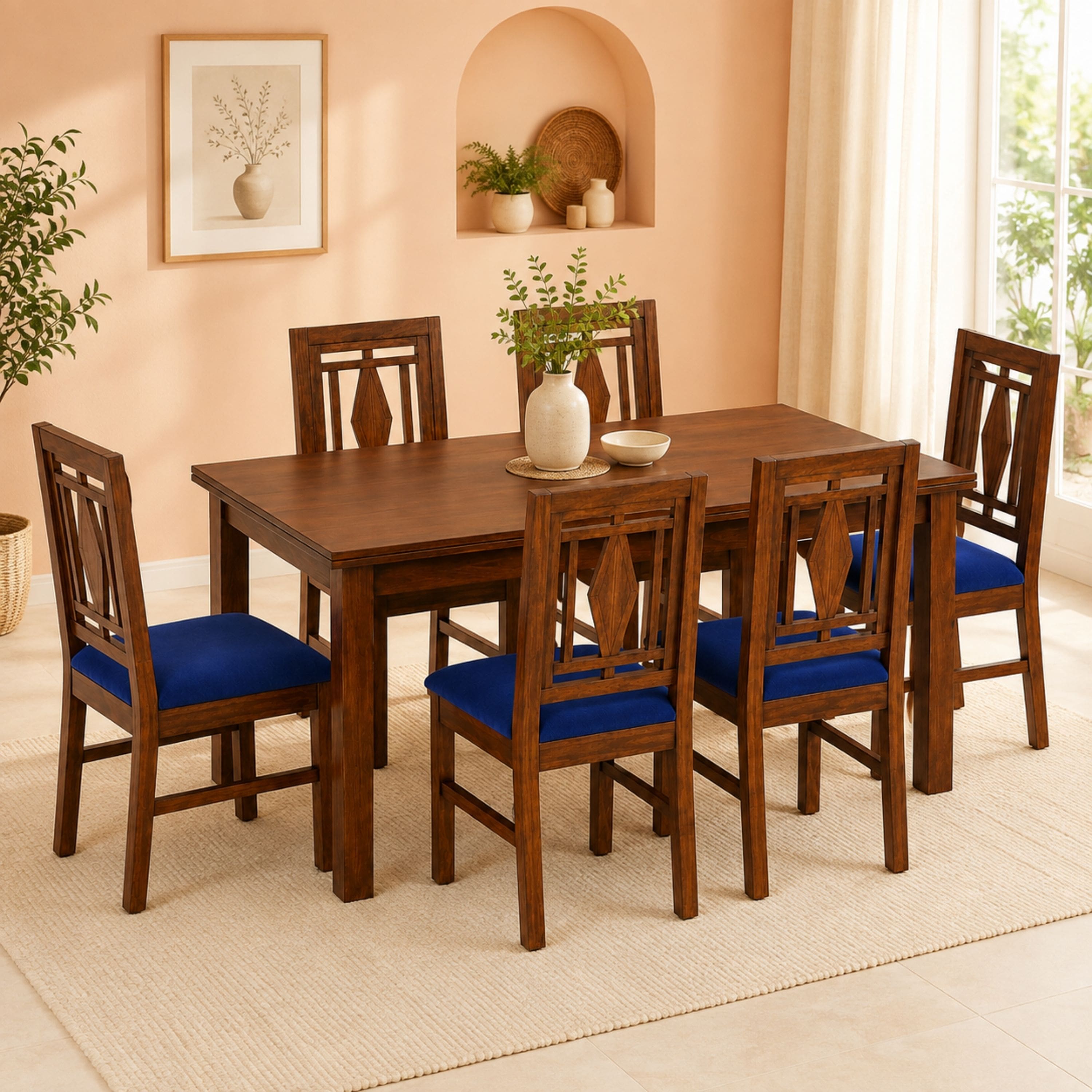 Globally Indian Ananta Solid Sheesham Wood 6 Seater Dining Table Set 6 Chairs Navy Blue