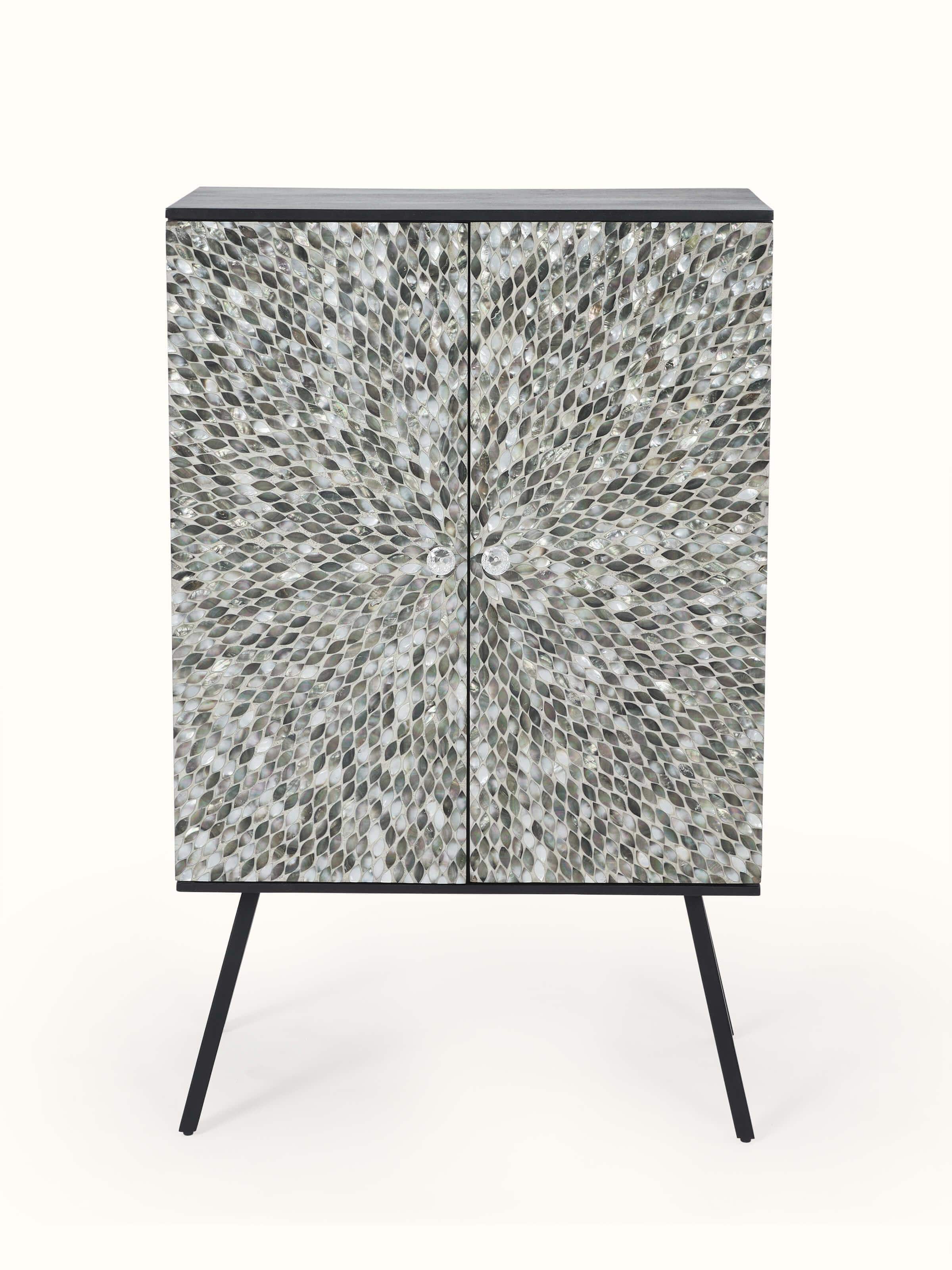 Front view of the mango wood bar cabinet with intricate mother-of-pearl inlay, highlighting its elegant design and detailing