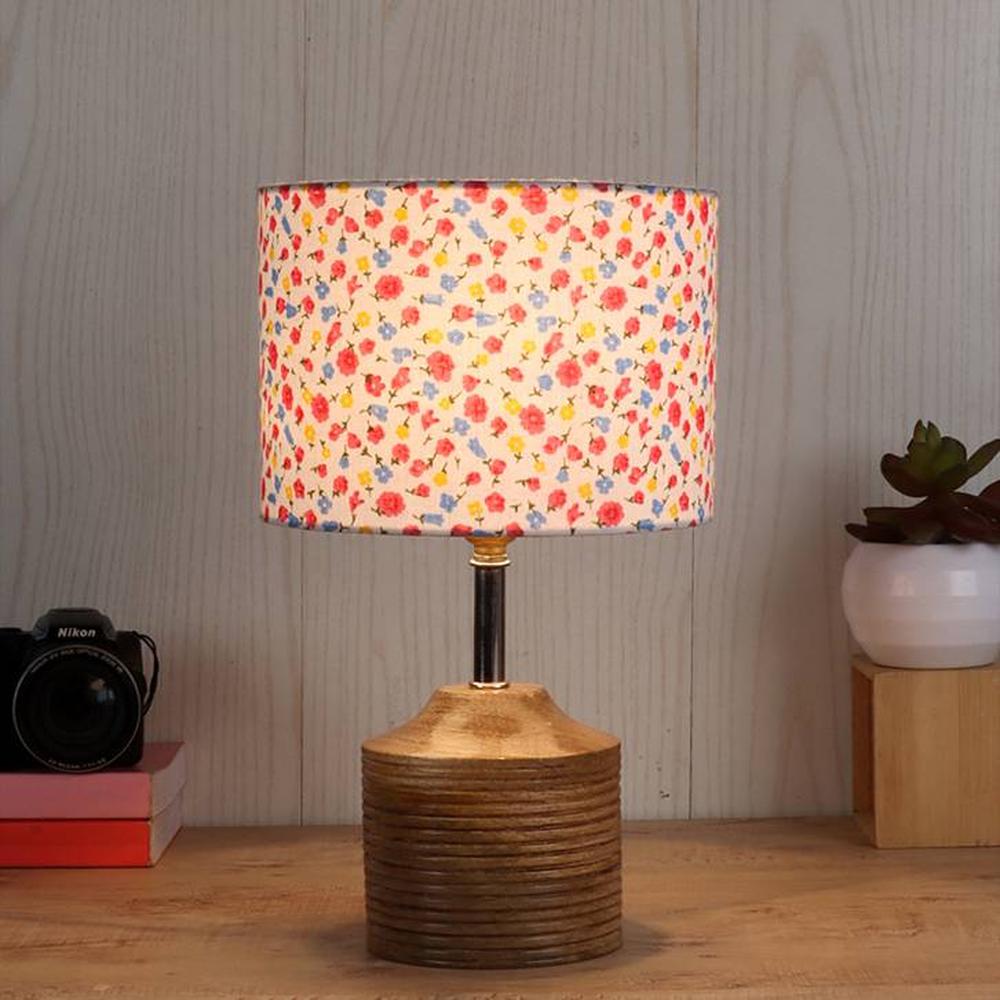 Flannery Multicolour Fabric Shade Table Lamp with Natural Wooden Base - Devansh