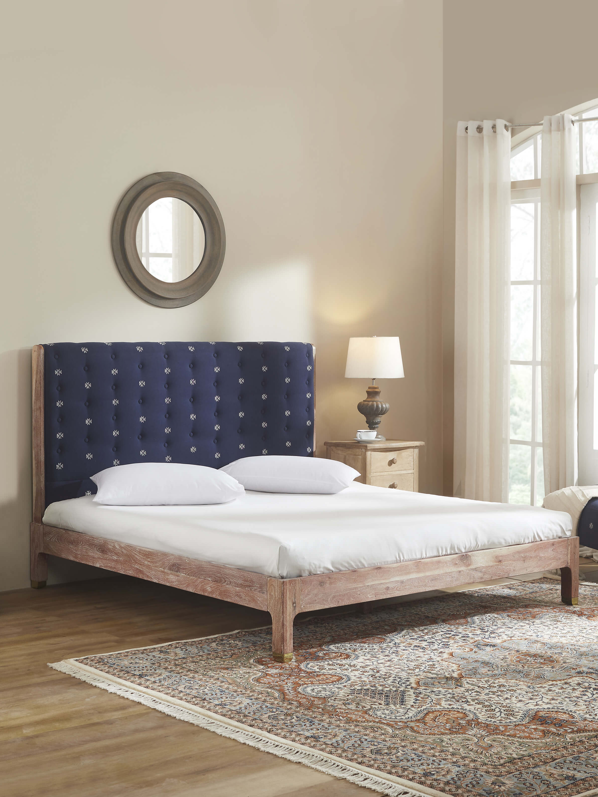 Acacia Wood King-size Bed with Handloom Fabric Upholstered Headboard