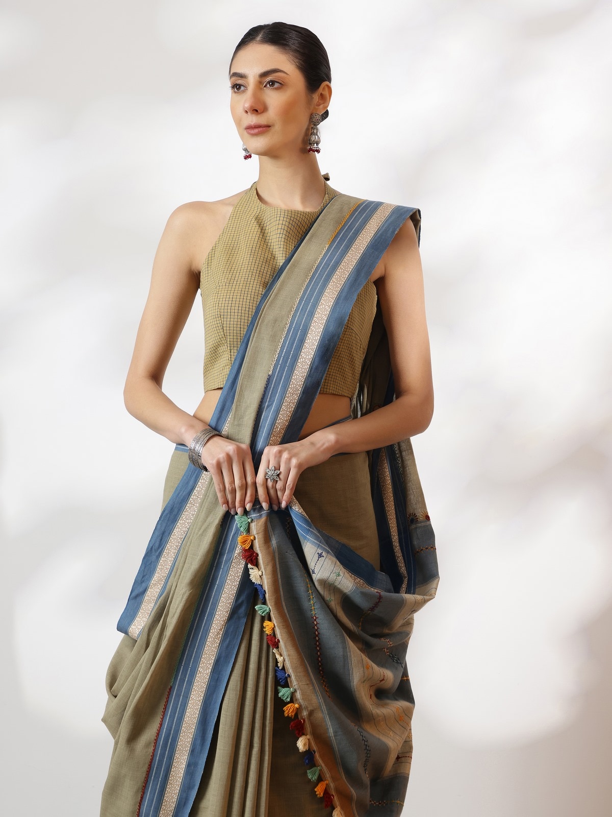 Olive Natural Dyed Cotton Lambani Embroidered Saree