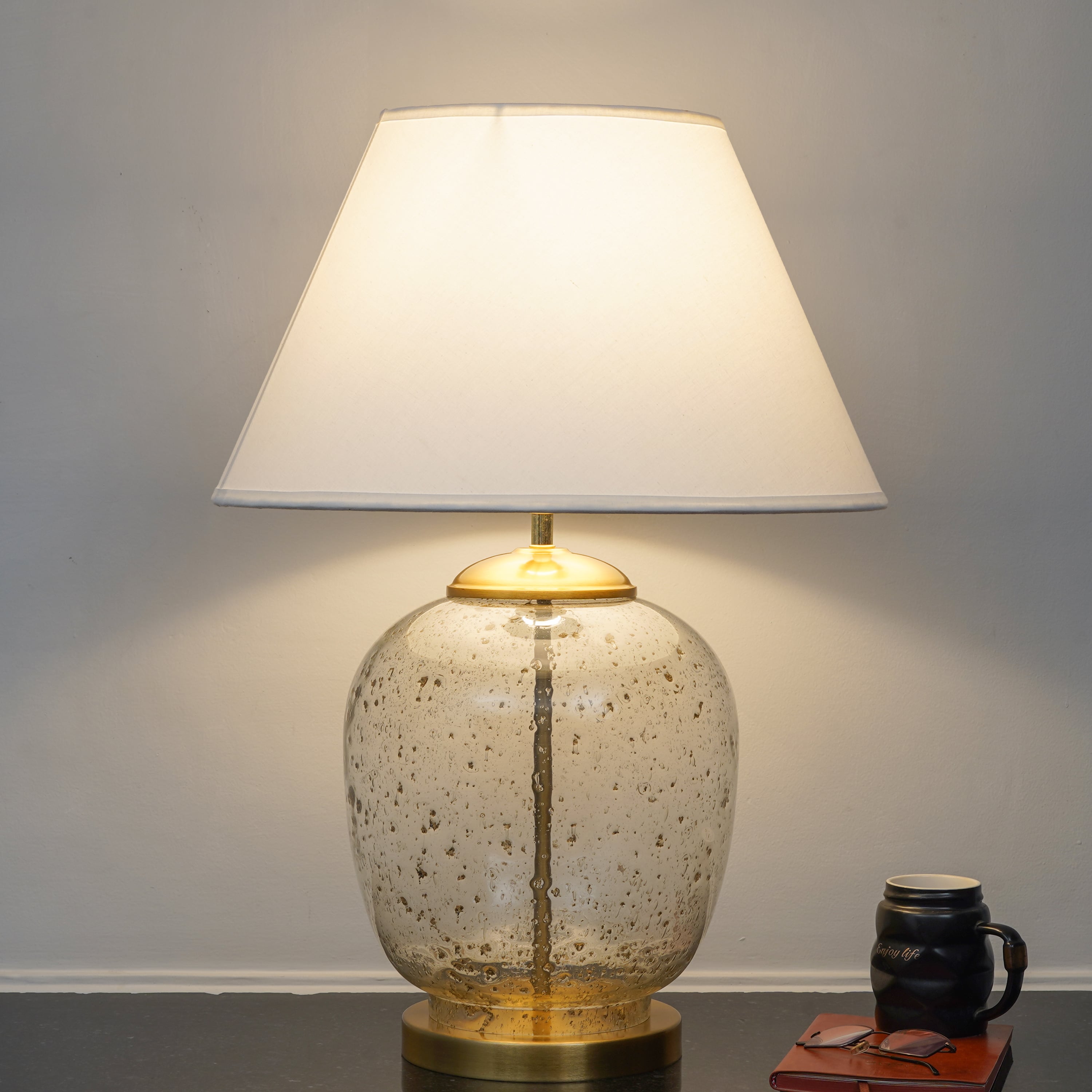 SECRET Water Droplets On Glass and Brass Finish Metal Large  Table Lamp With White Cotton Shade