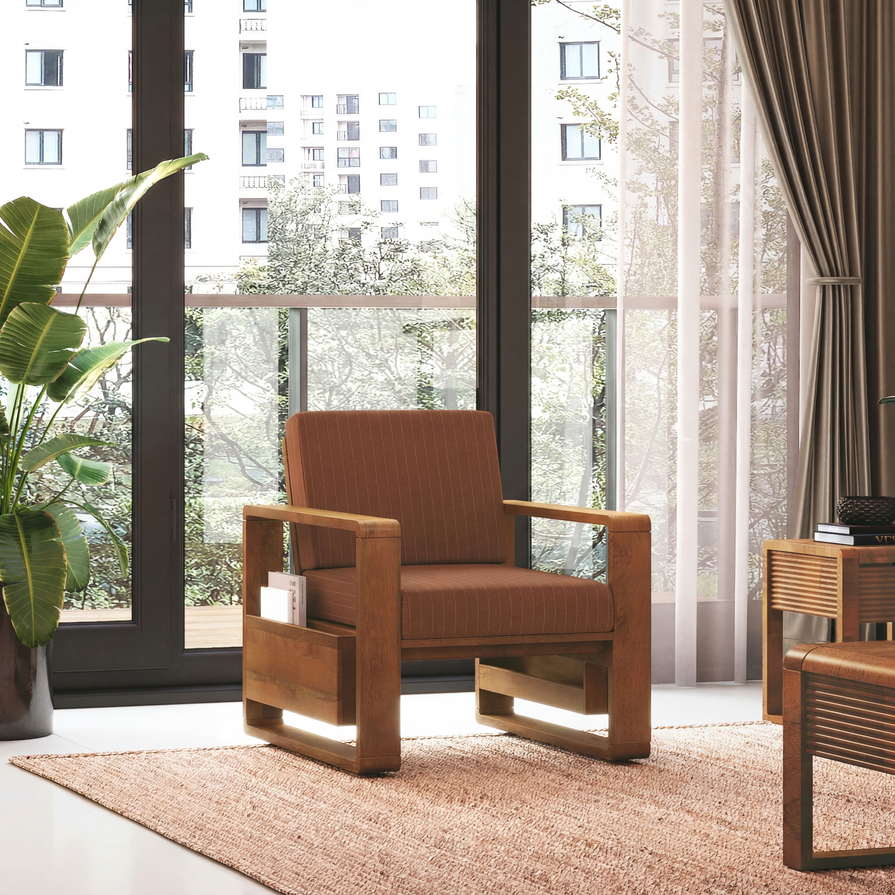 Moreno 1 Seater Solid Wood Sofa in Amber Walnut Finish and Terracotta Stripe Fabric - Urban Ladder