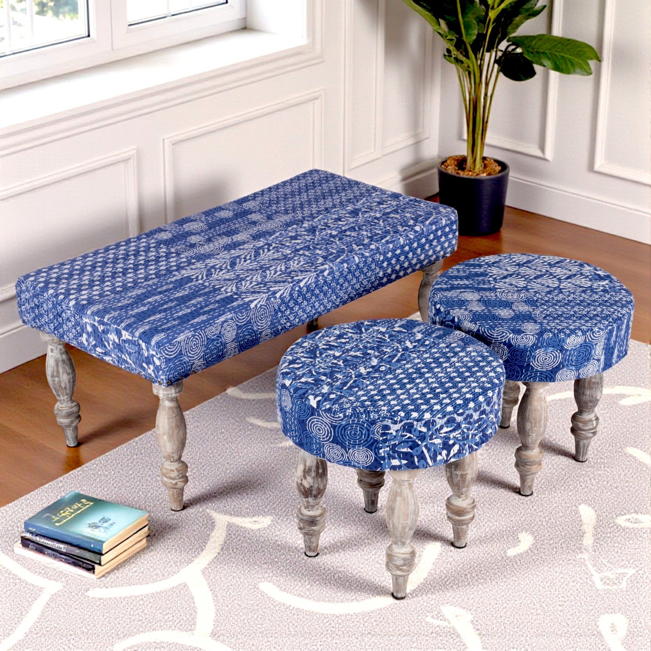 Bestone Sheesham Wood Mid Century Seater Bench Set  2 Stools In Indigo Patchwork Kantha