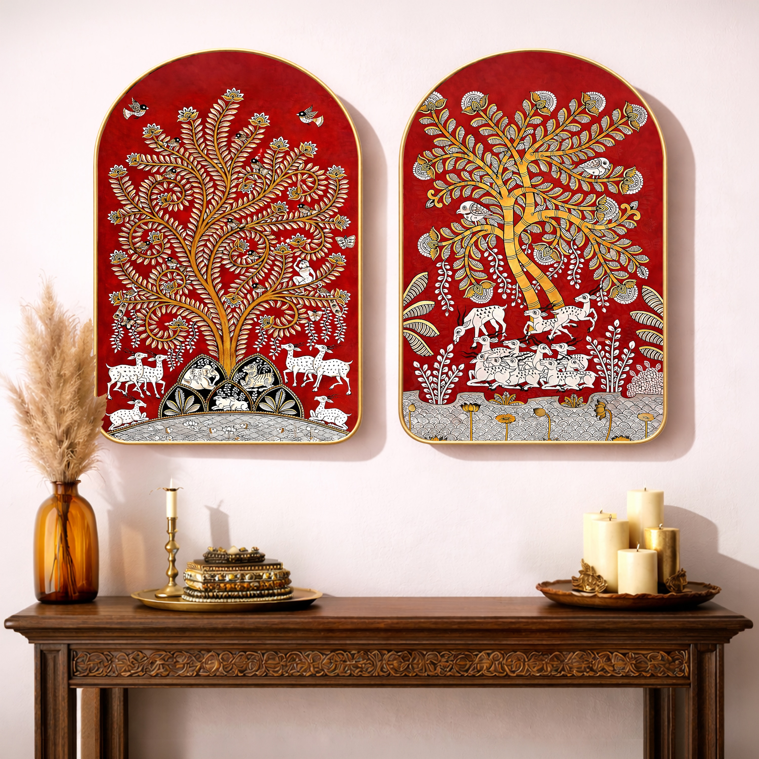 Traditional Tree of Life Wall Art Painting Set of 2 Gold Arch Frame 16 x 24 Inch - Art Street