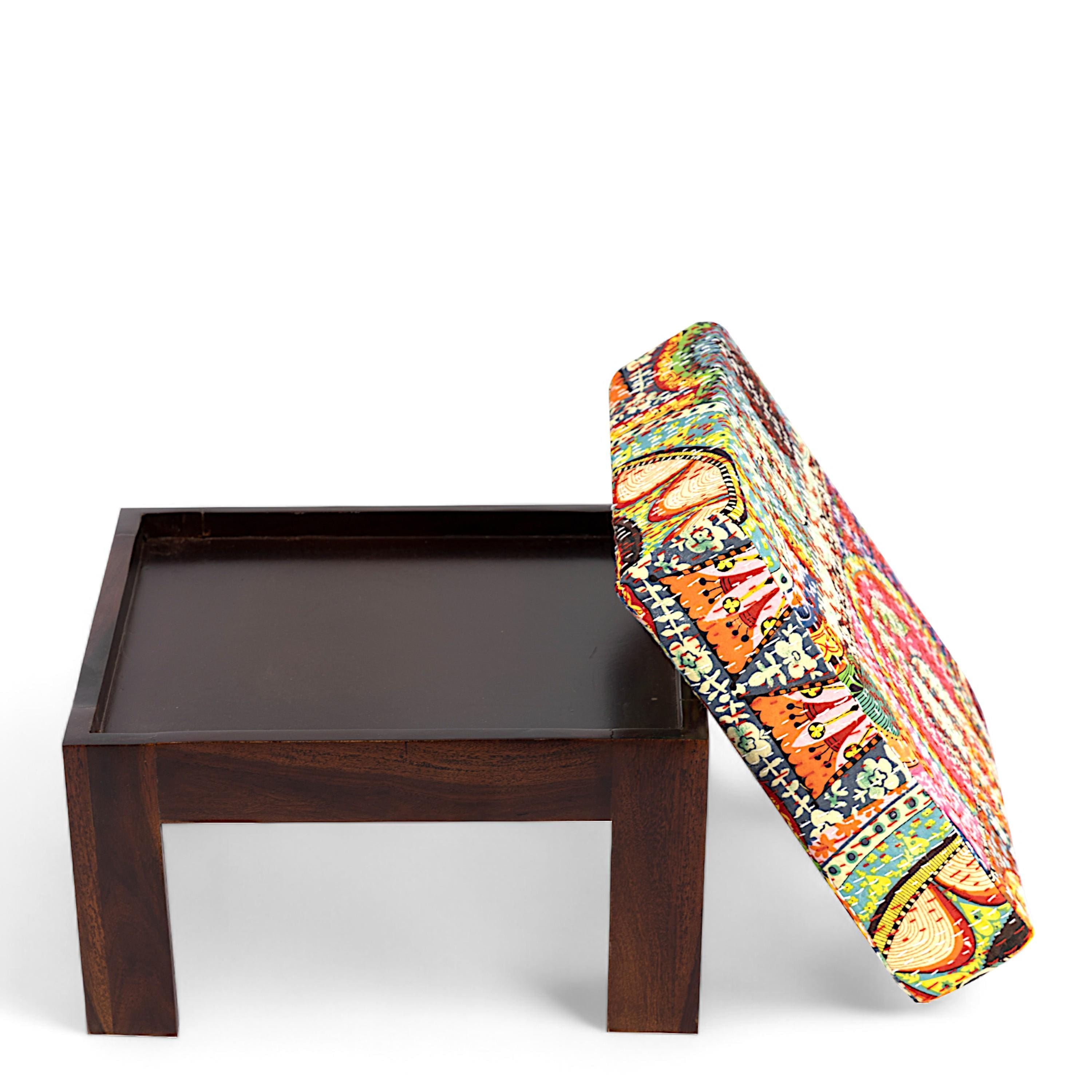 Irish Sheesham Wood Bohemian Coffee Table Set With 2 Stools In Dark Walnut Finish With Israel Print Patchwork Kantha Cushions