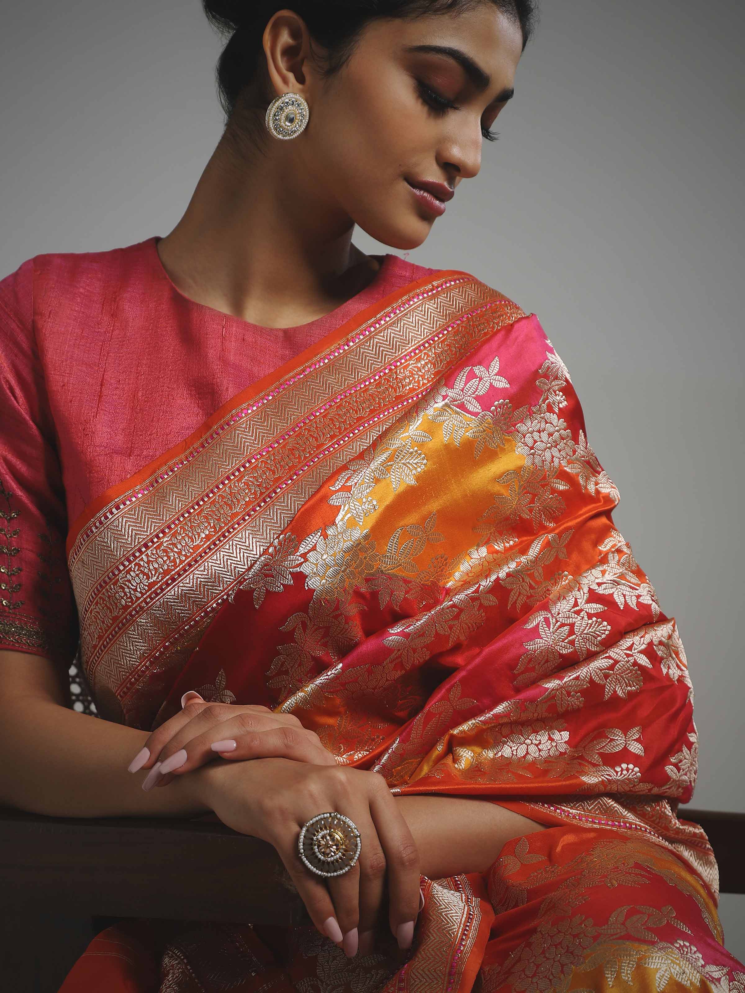 Detail view of silk rangkat Banarasi saree showing silk texture