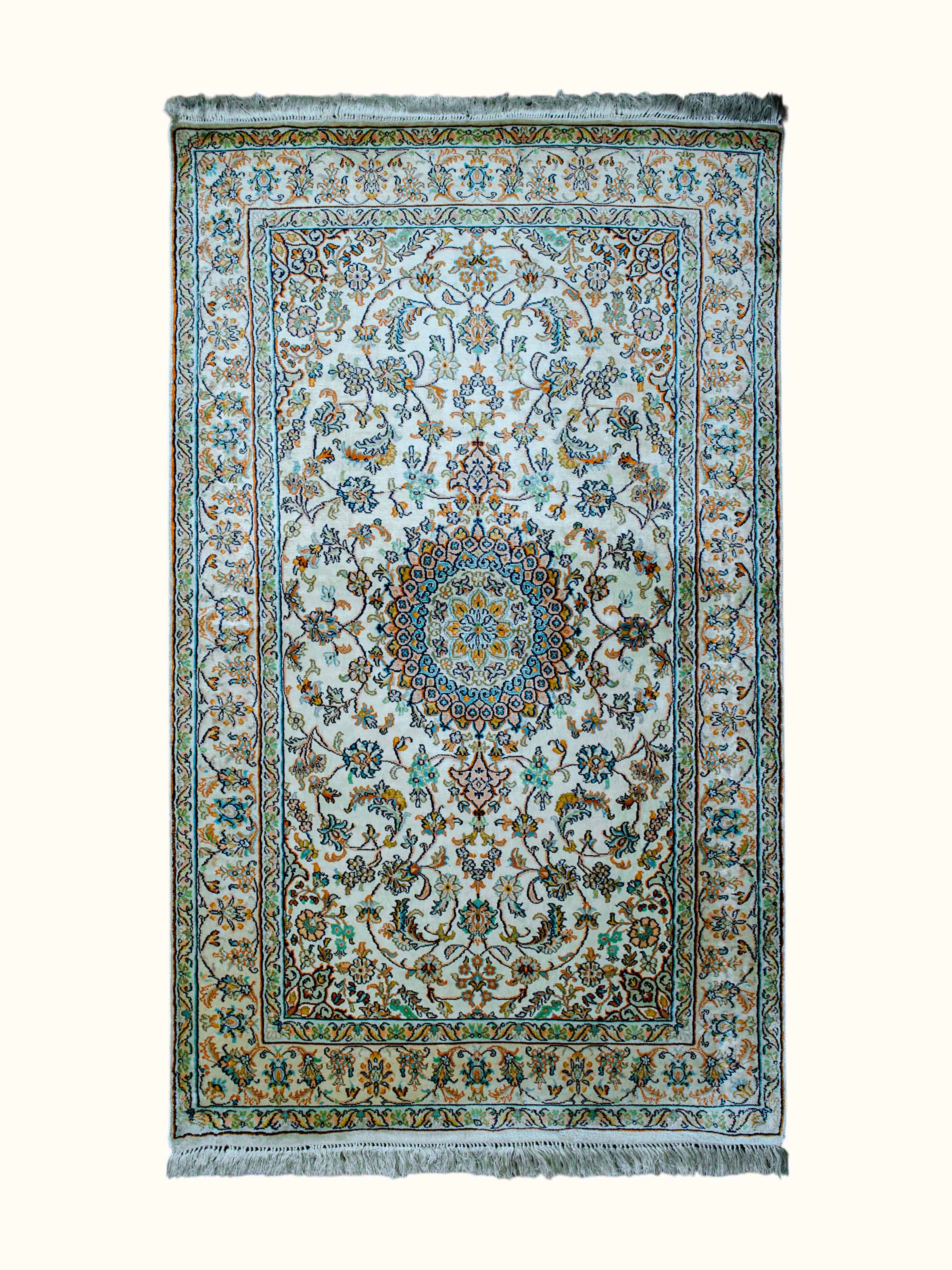 Traditional Persian Beige Kashan Kashmir Silk Hand-Knotted Carpet