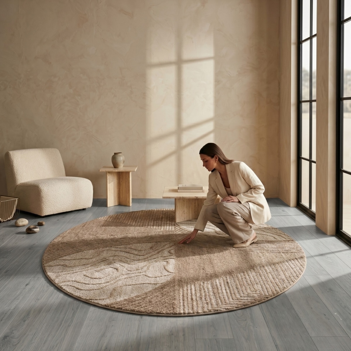 Handmade Round Wool Rug Modern Geometric Beige 6 Feet Carpet - NEU LOOMS