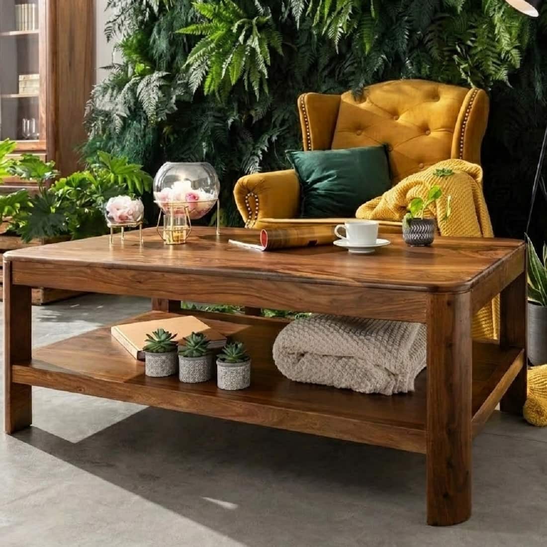 Grewa Solid Sheesham Wood Coffee Table In Provincial Teak Finish - Demiwall