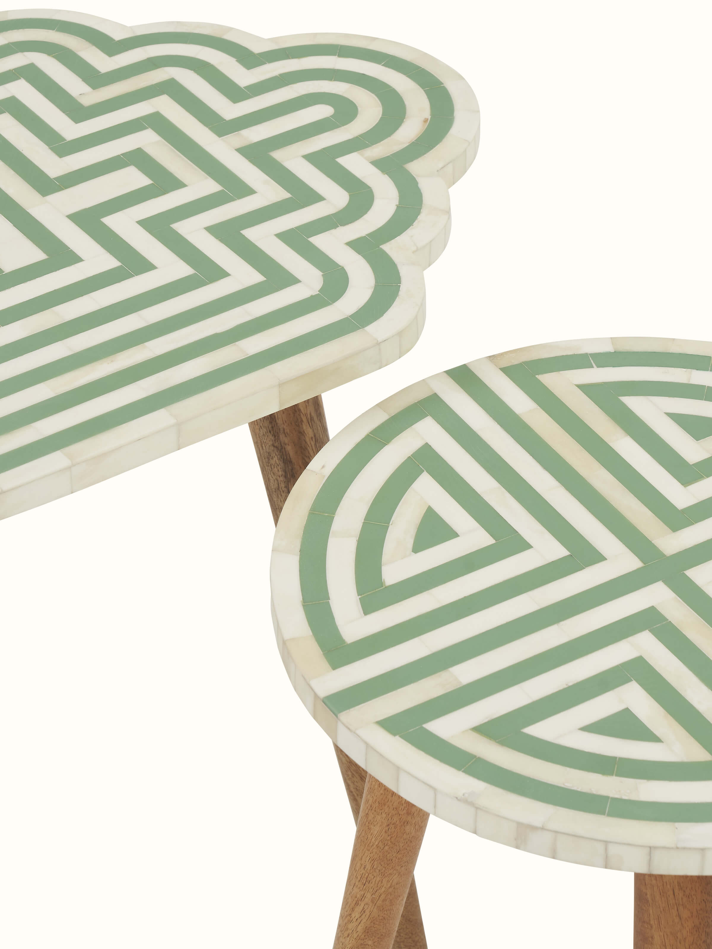 Detailed view of Grey Acacia Wood Bone Inlay Nesting Tables (2 Pcs) showcasing the fine bone inlay and woodwork details.