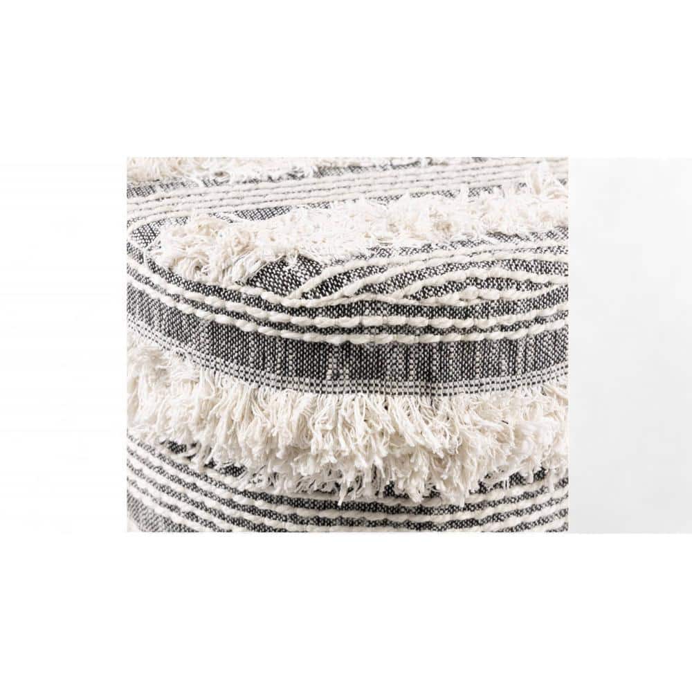 Louisville Acacia Wood Mid Century Round Pouf Stool in Grey Fabric